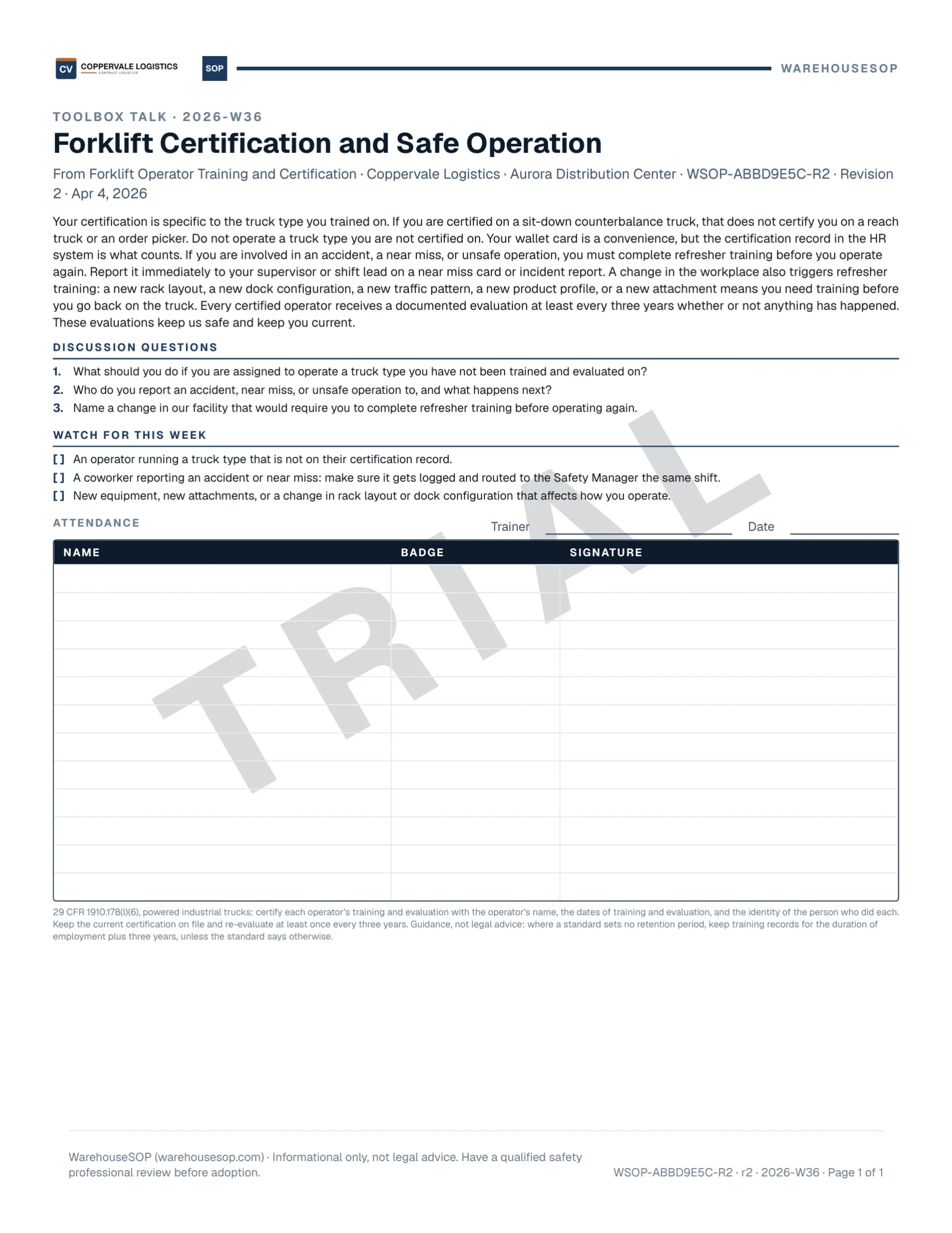A generated toolbox talk as one printable page: the ISO week and a title over a short talk drawn from the facility's forklift certification procedure, three discussion questions, three items to watch for this week, and a twelve row attendance table for the crew to sign, stamped TRIAL.