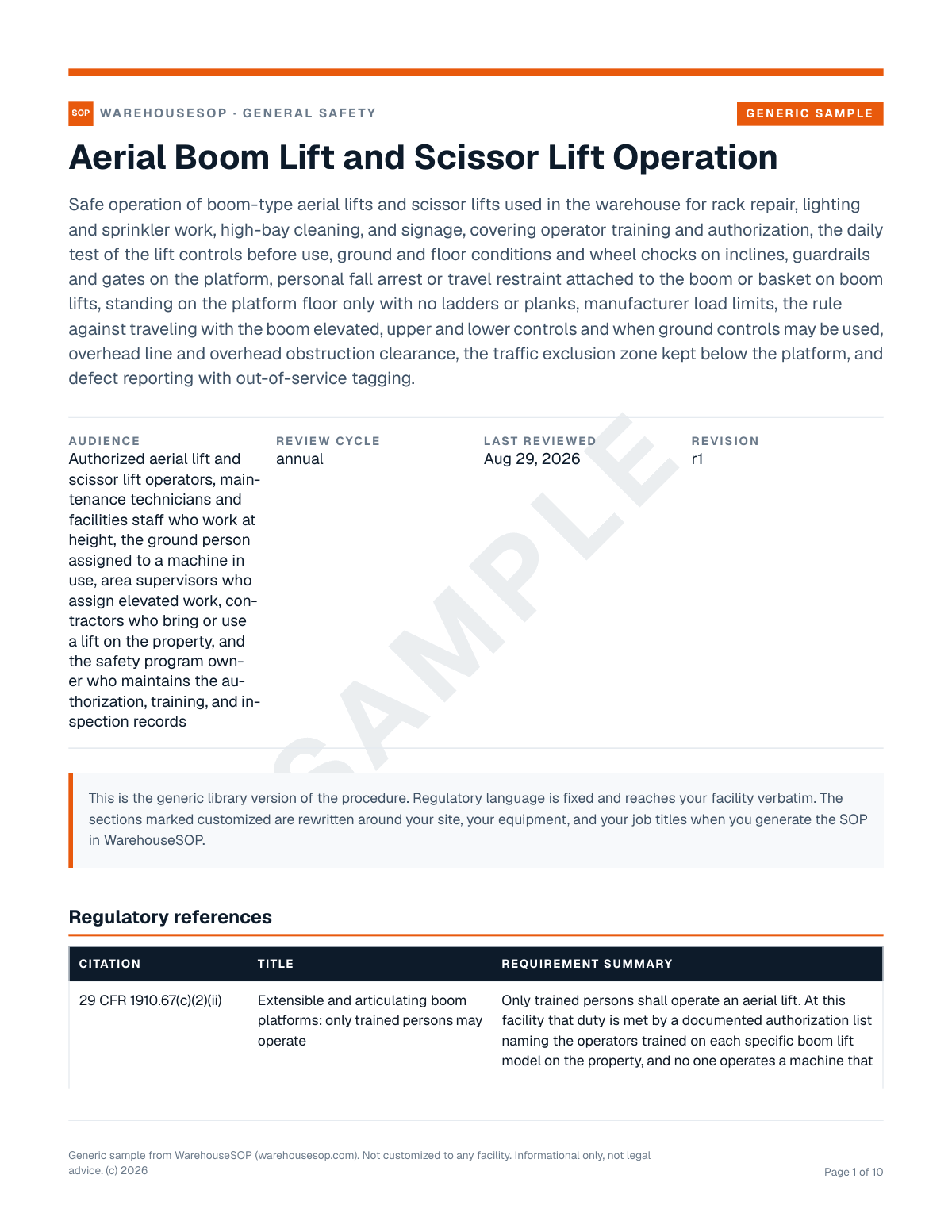 Aerial Boom Lift and Scissor Lift Operation SOP template, page 1 preview