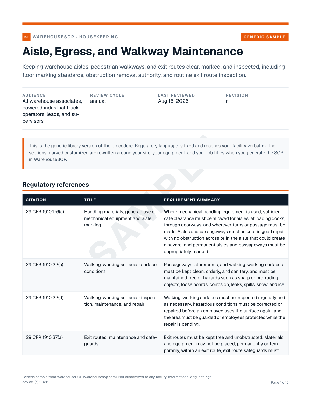 Aisle, Egress, and Walkway Maintenance SOP template, page 1 preview