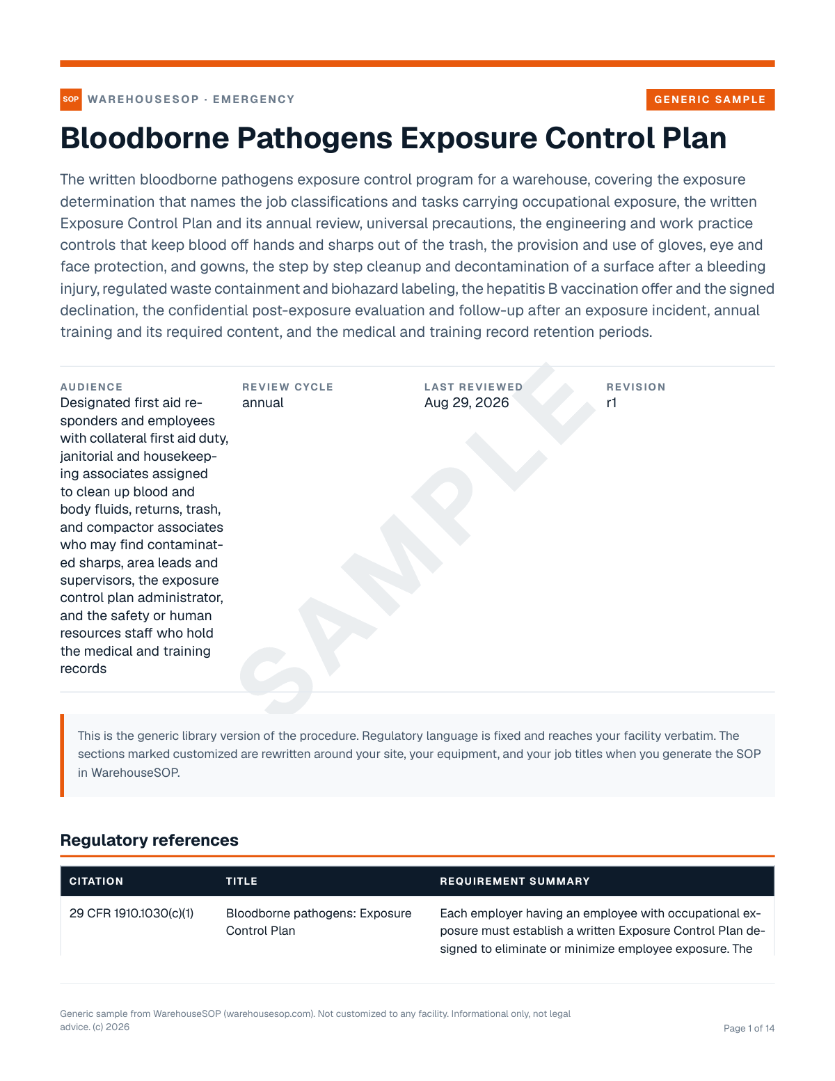 Bloodborne Pathogens Exposure Control Plan SOP template, page 1 preview