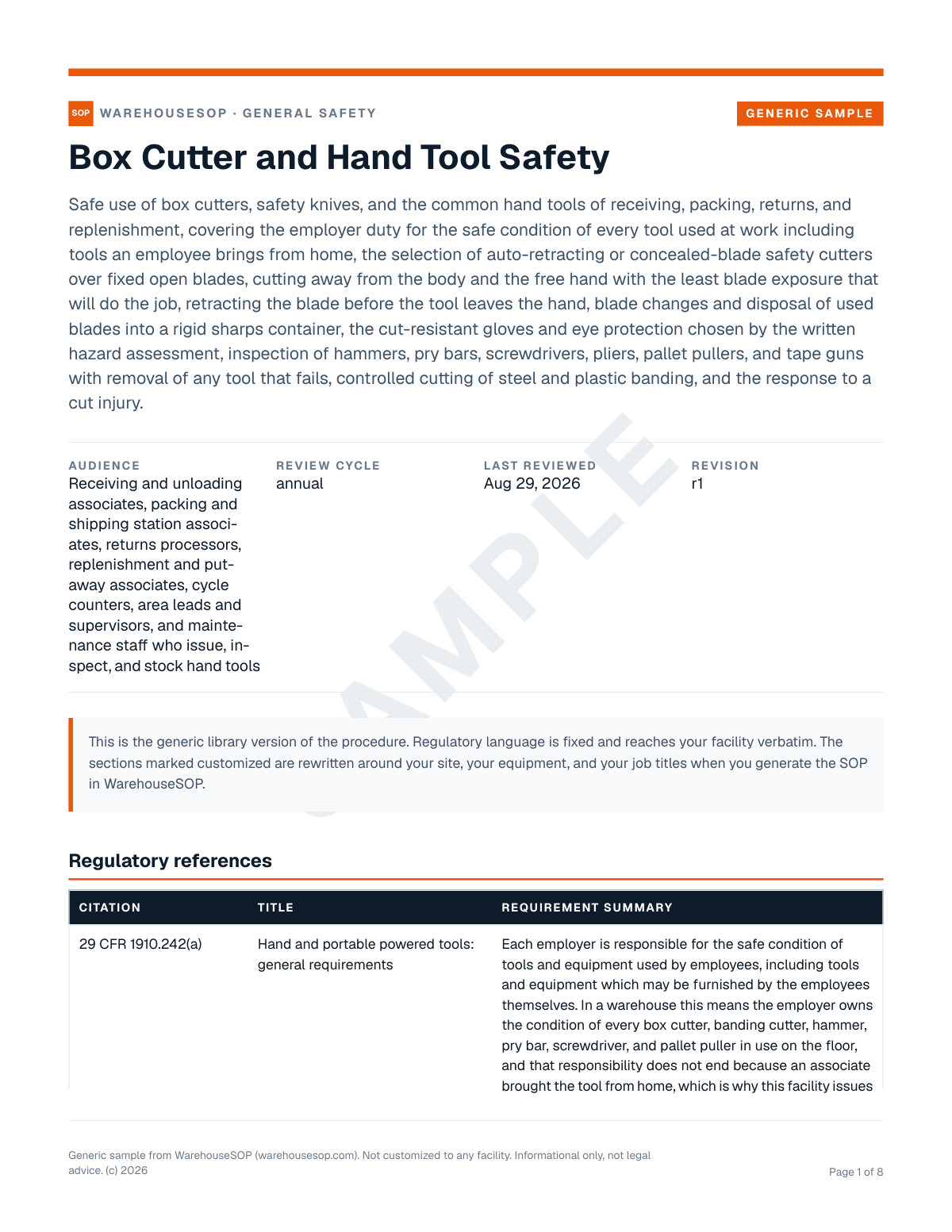 Box Cutter and Hand Tool Safety SOP template, page 1 preview