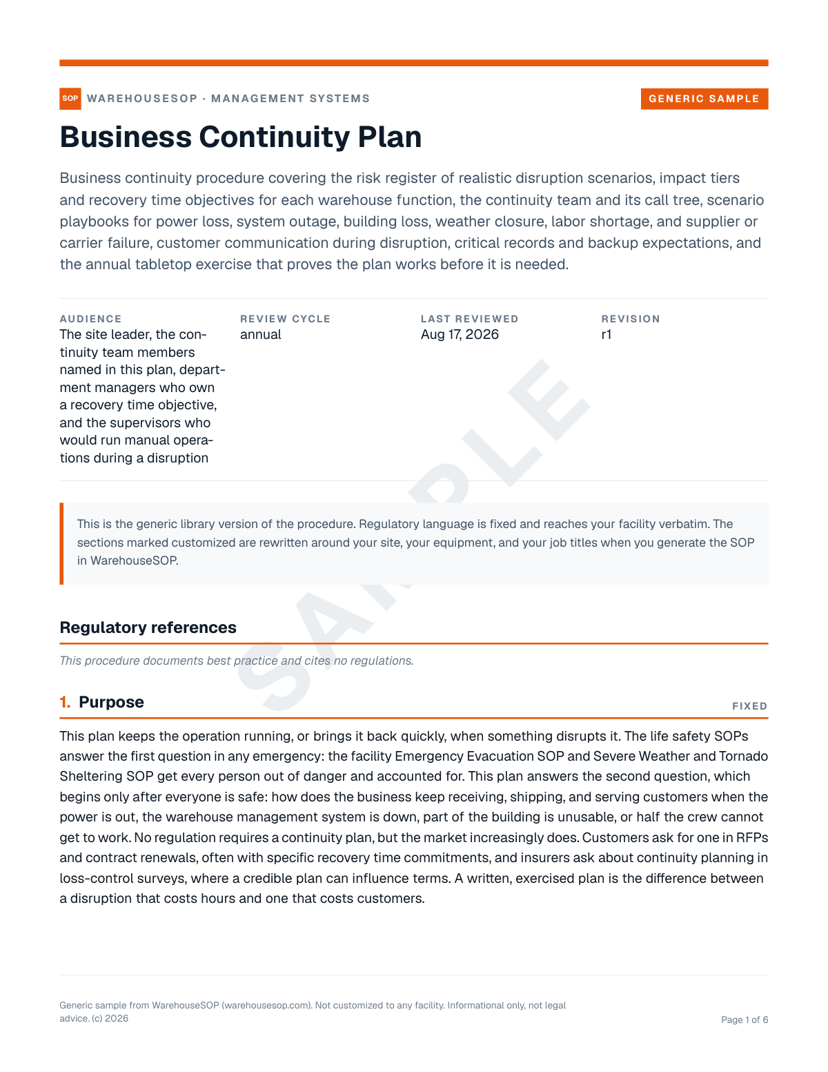 Business Continuity Plan SOP template, page 1 preview