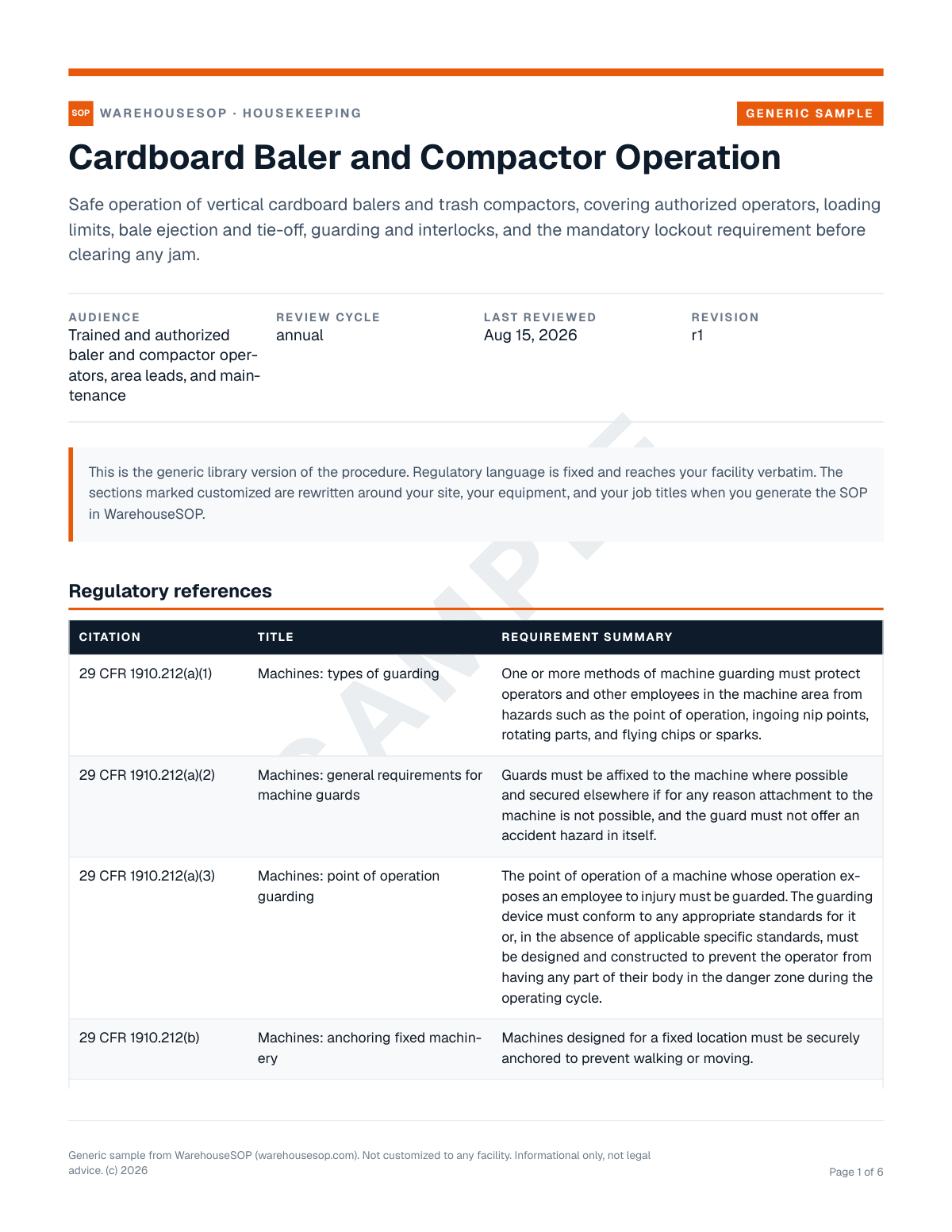 Cardboard Baler and Compactor Operation SOP template, page 1 preview