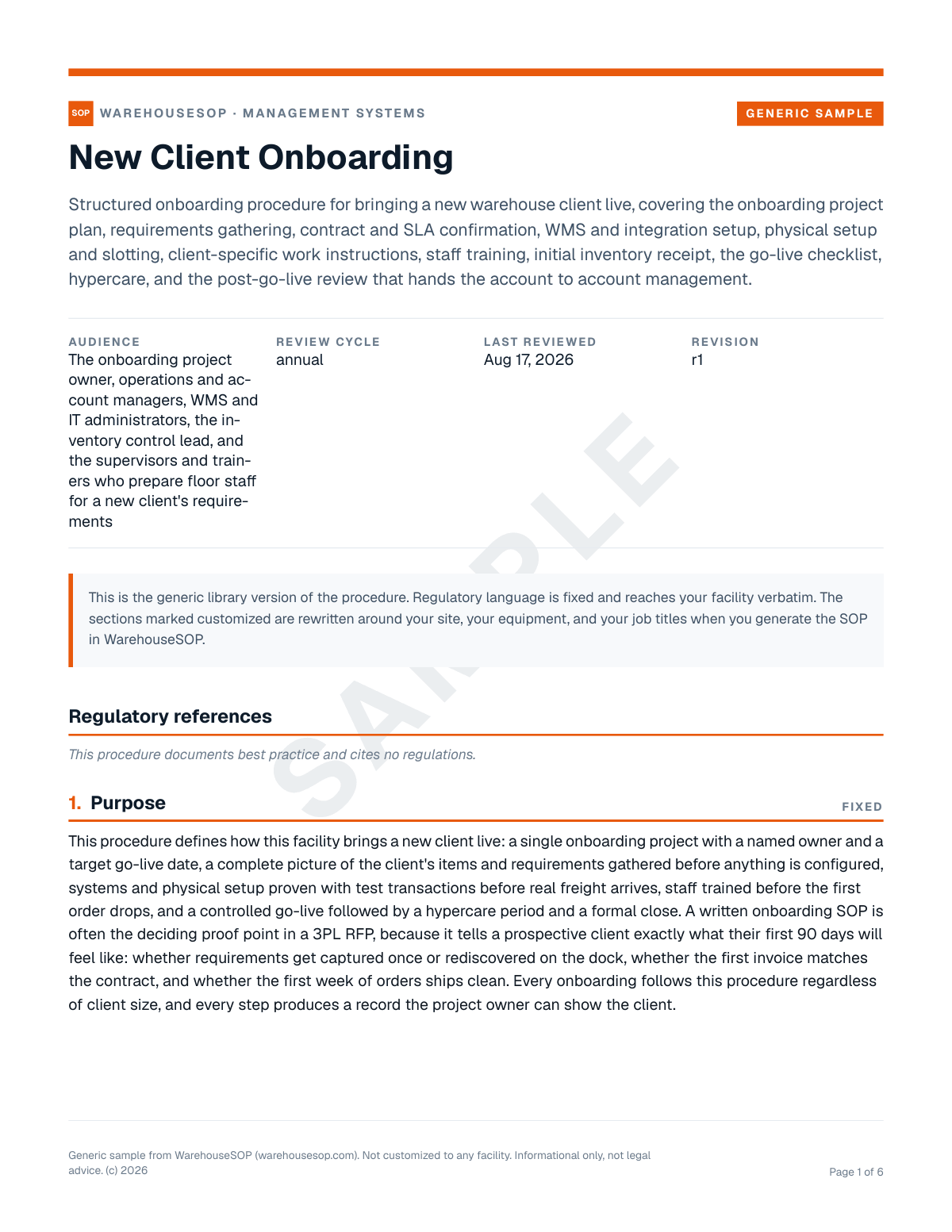 New Client Onboarding SOP template, page 1 preview