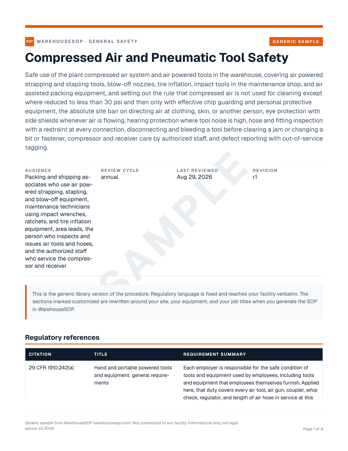 Compressed Air and Pneumatic Tool Safety SOP template, page 1 preview