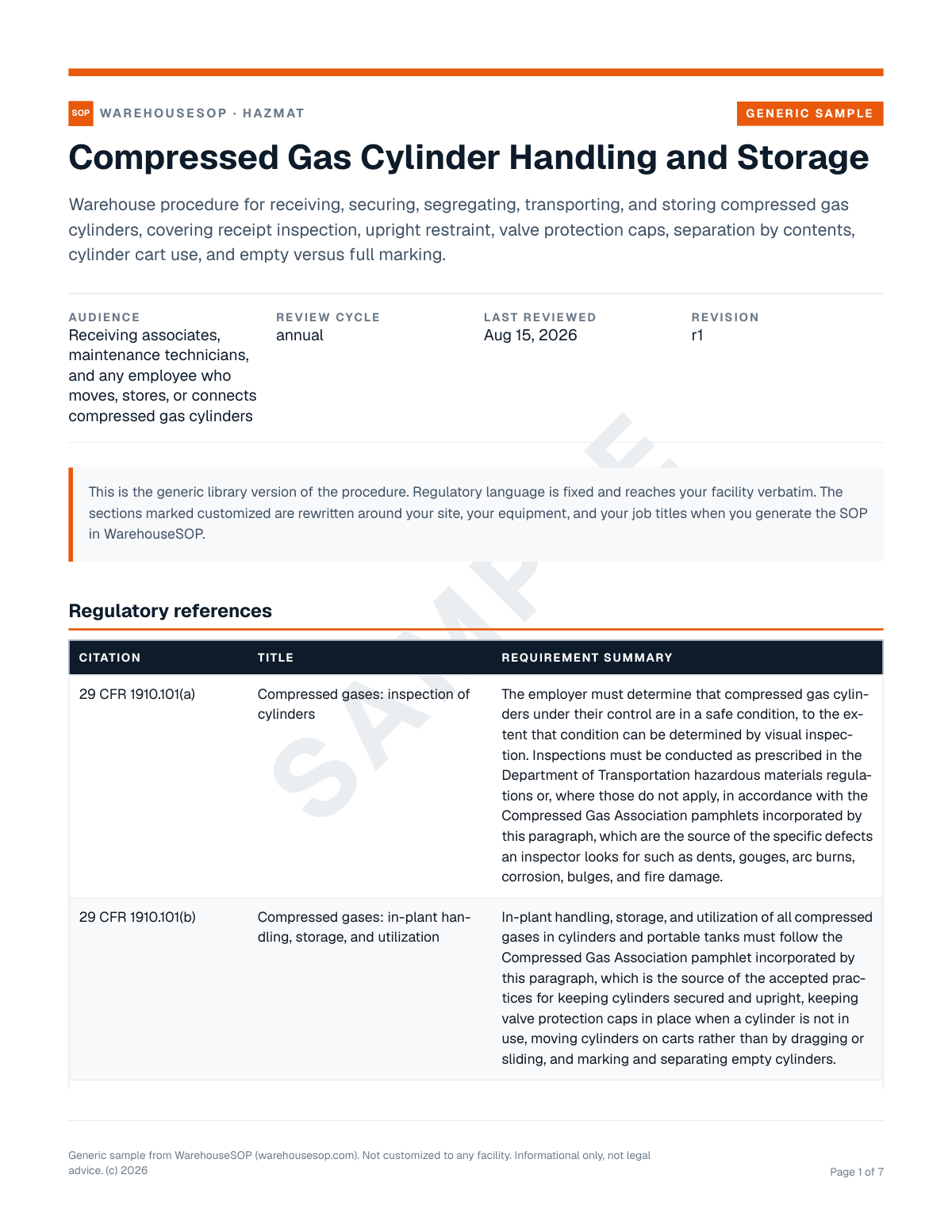 Compressed Gas Cylinder Handling and Storage SOP template, page 1 preview