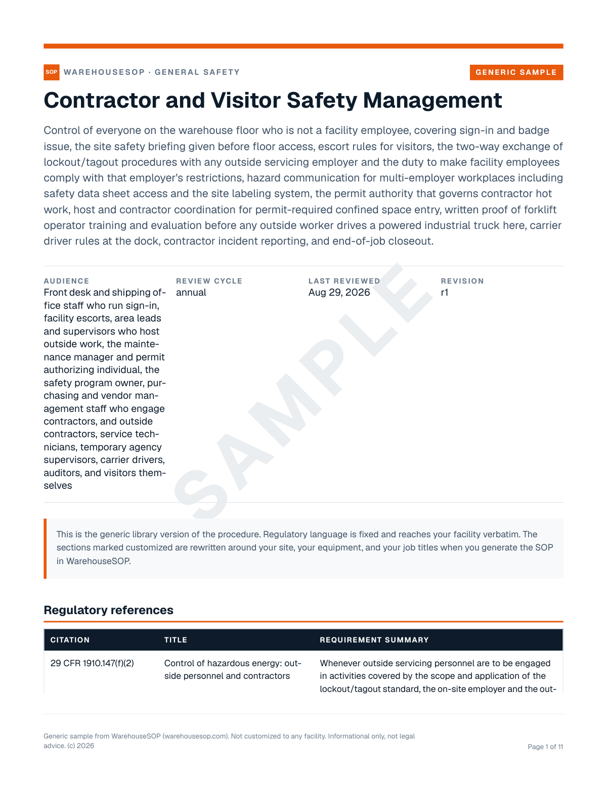 Contractor and Visitor Safety Management SOP template, page 1 preview
