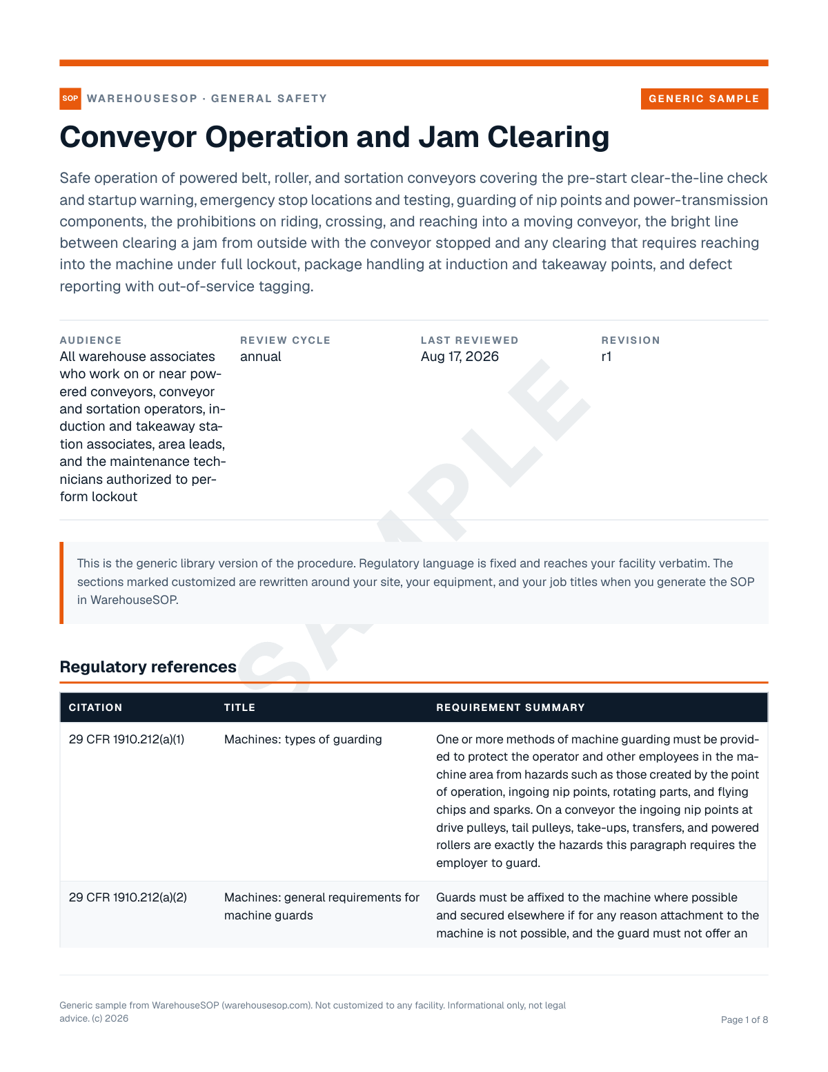 Conveyor Operation and Jam Clearing SOP template, page 1 preview