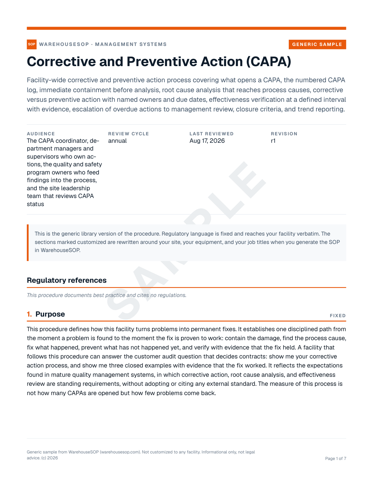 Corrective and Preventive Action (CAPA) SOP template, page 1 preview