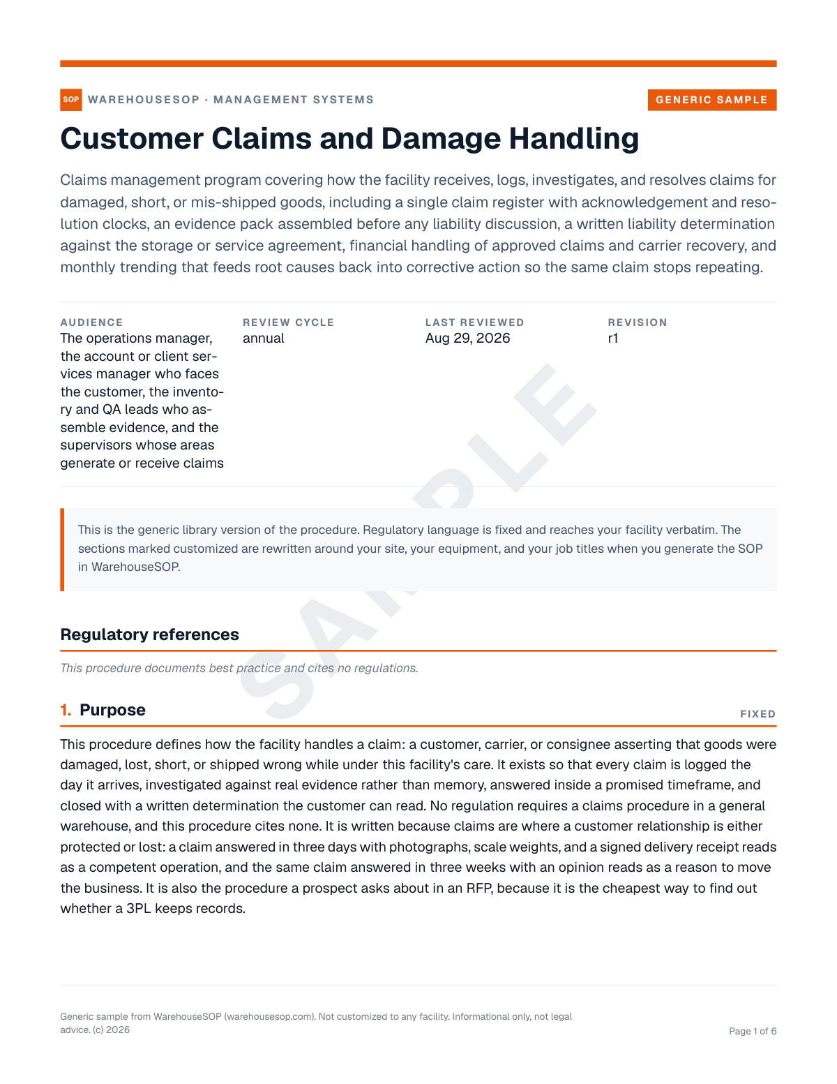 Customer Claims and Damage Handling SOP template, page 1 preview