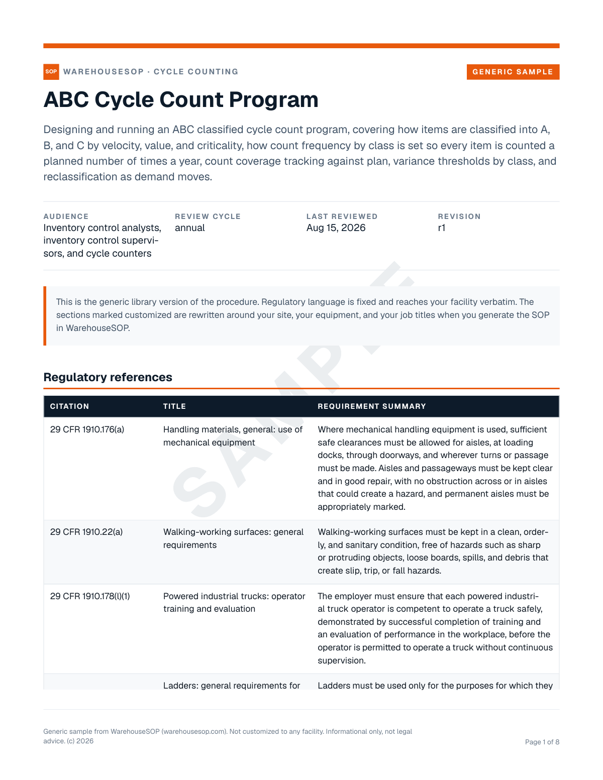 ABC Cycle Count Program SOP template, page 1 preview