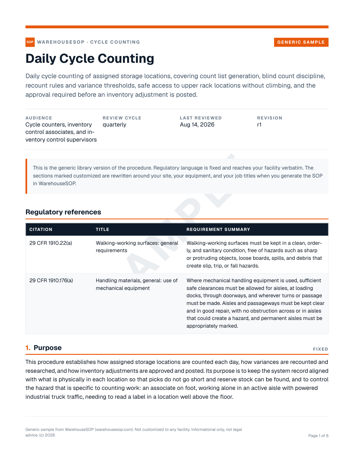 Daily Cycle Counting SOP template, page 1 preview