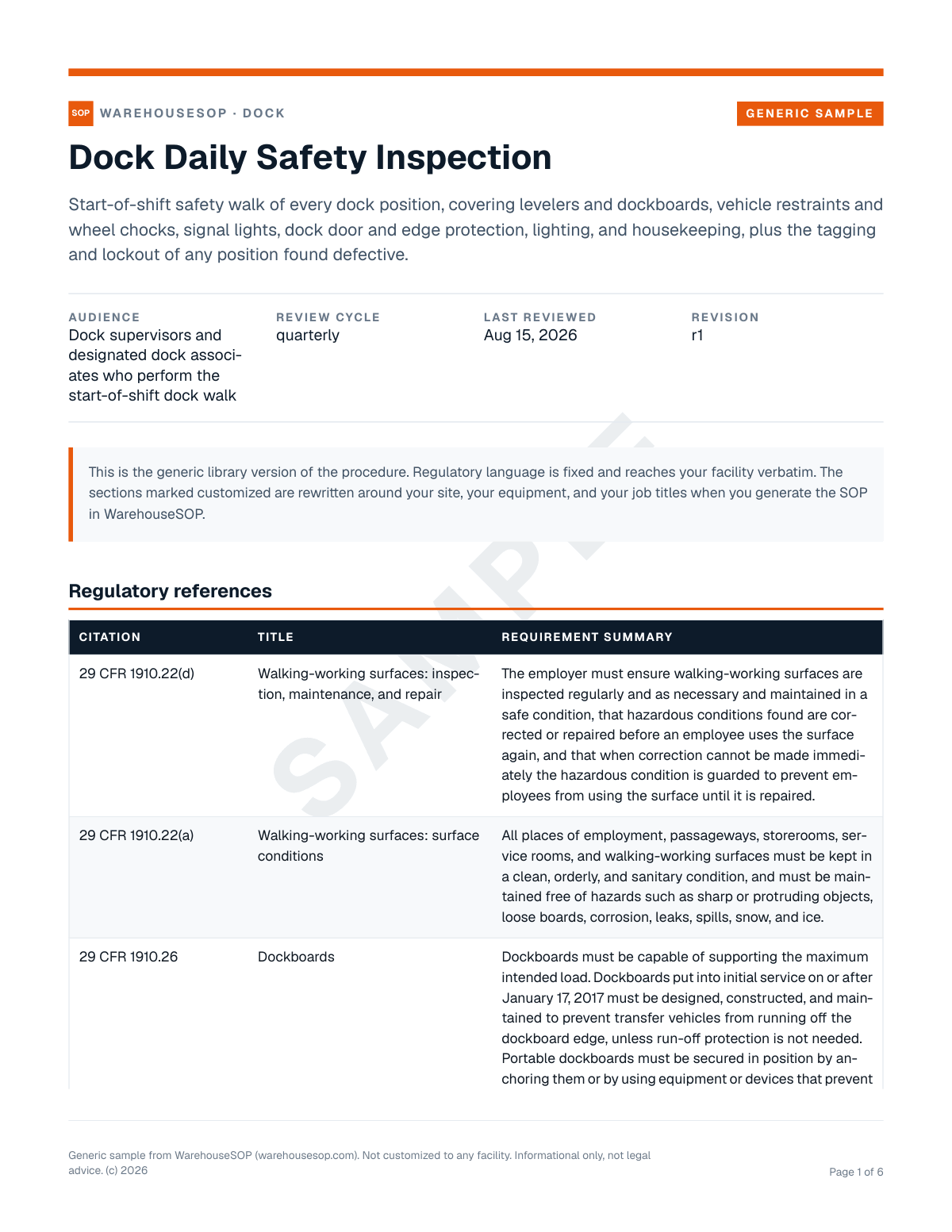 Dock Daily Safety Inspection SOP template, page 1 preview