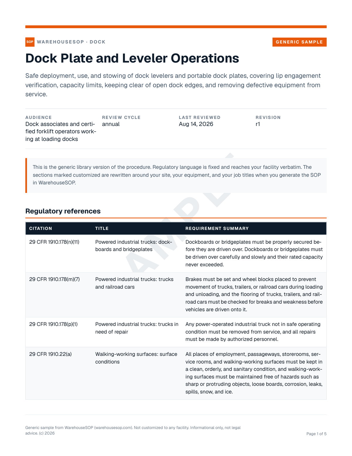 Dock Plate and Leveler Operations SOP template, page 1 preview