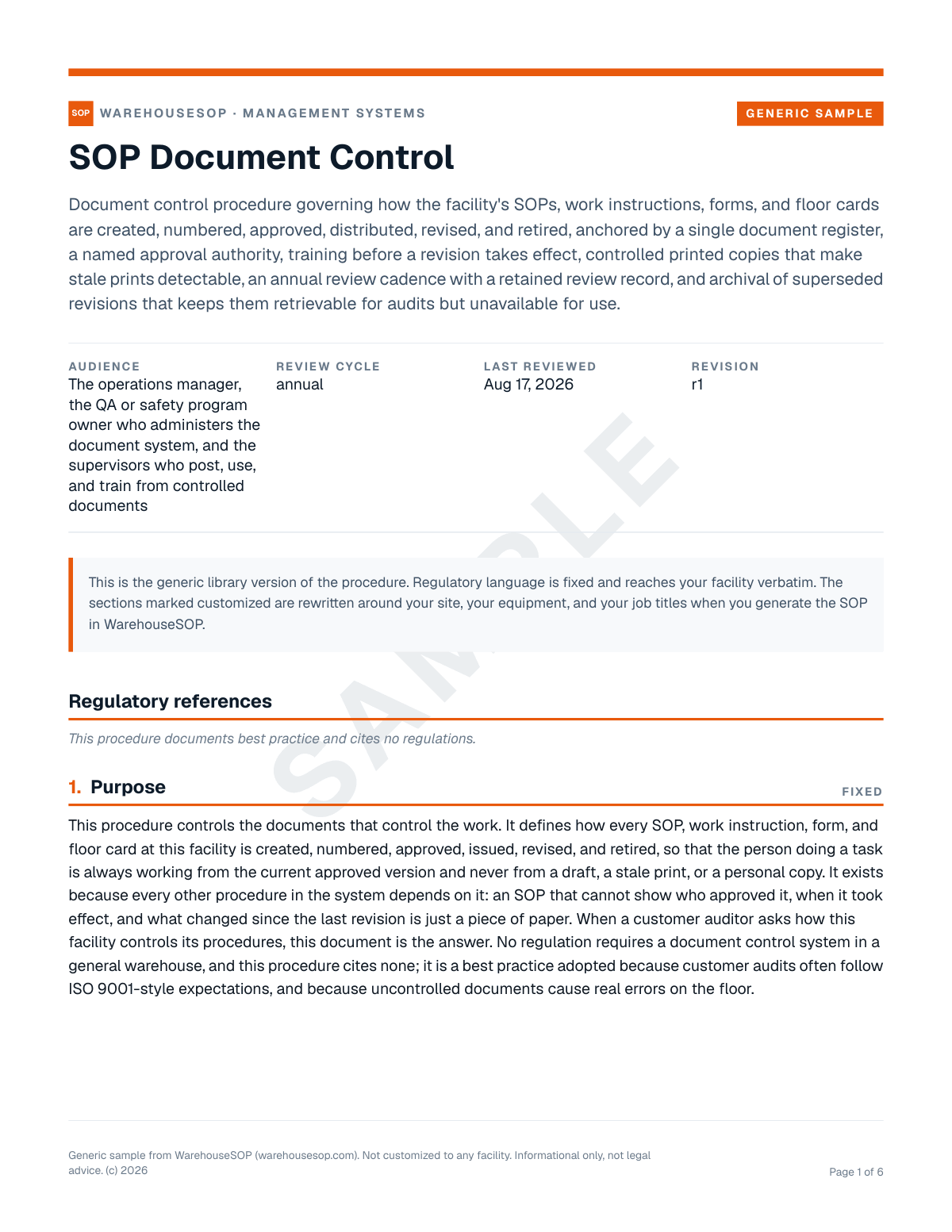 SOP Document Control SOP template, page 1 preview