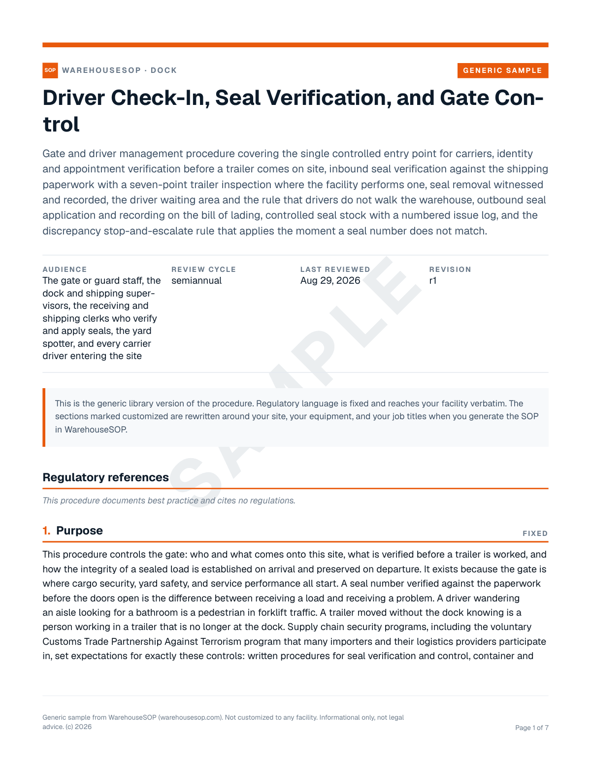Driver Check-In, Seal Verification, and Gate Control SOP template, page 1 preview