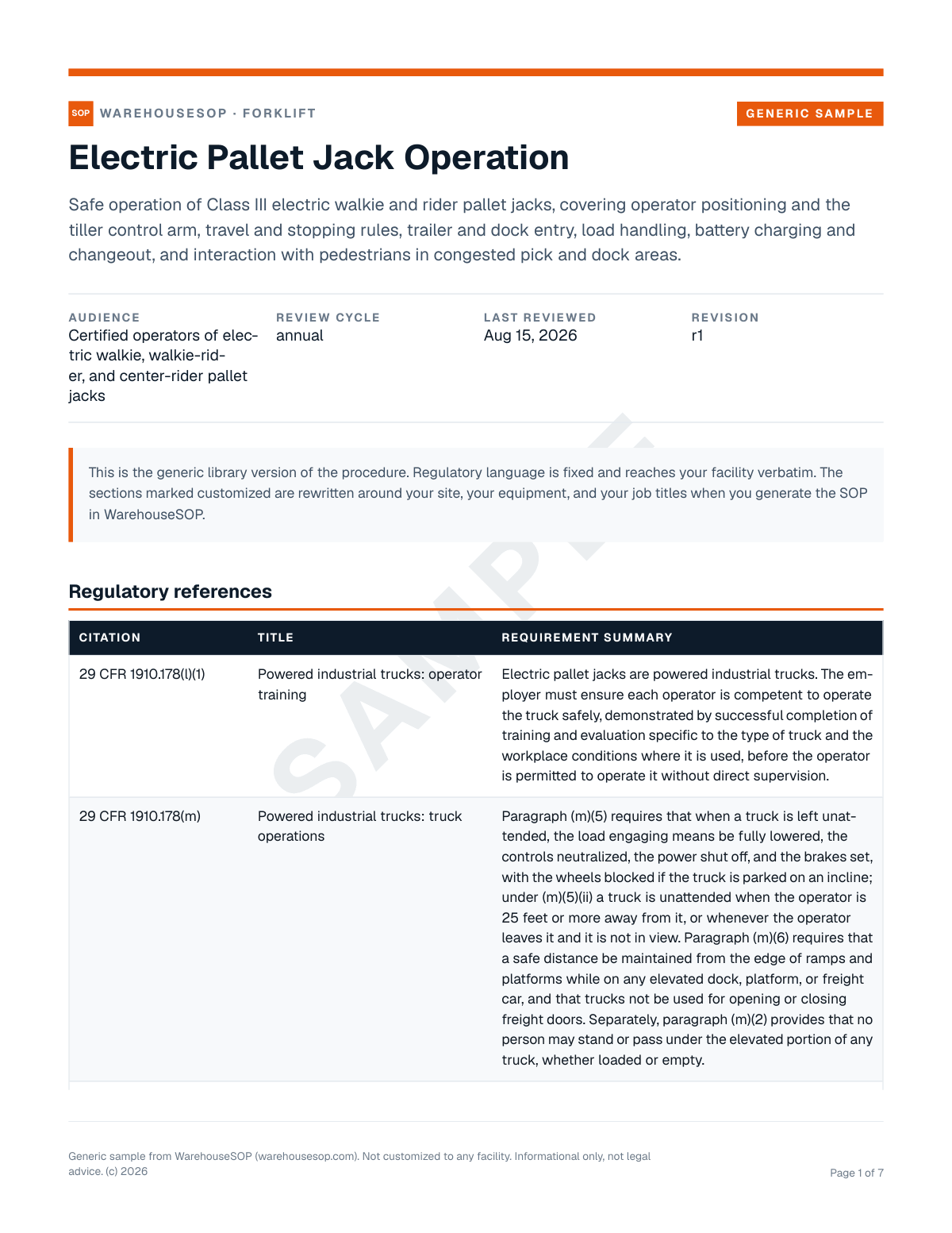 Electric Pallet Jack Operation SOP template, page 1 preview