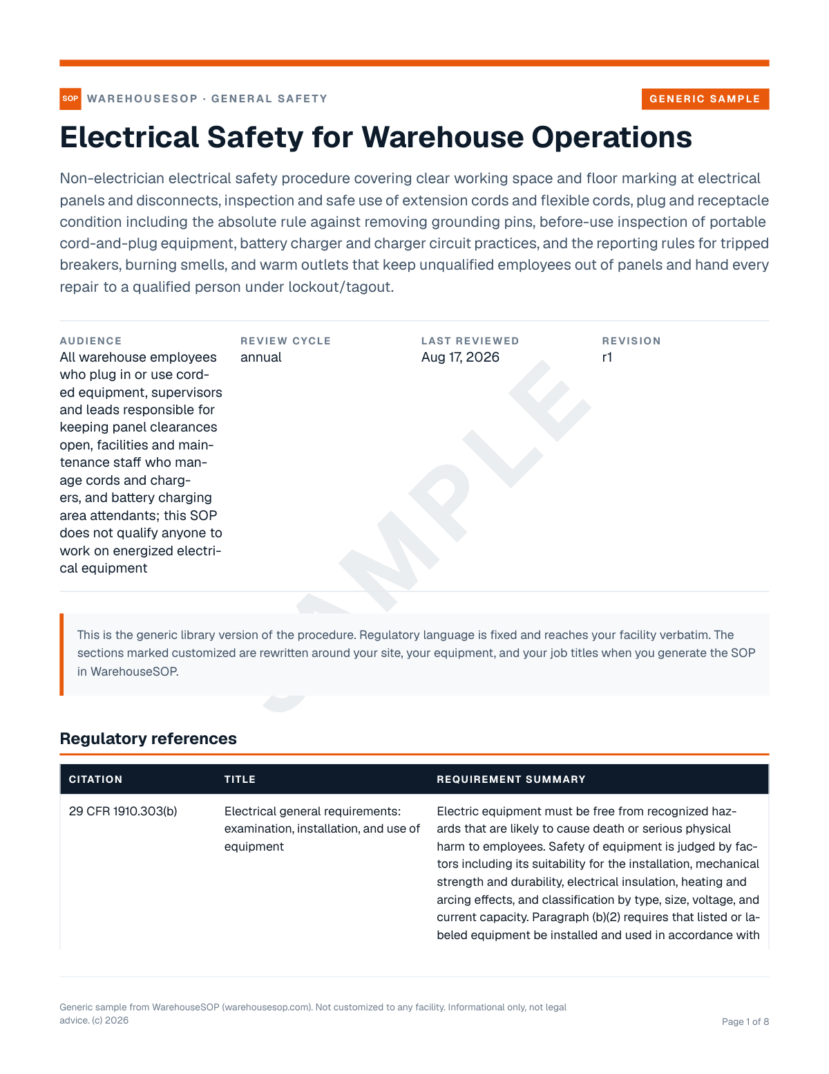 Electrical Safety for Warehouse Operations SOP template, page 1 preview