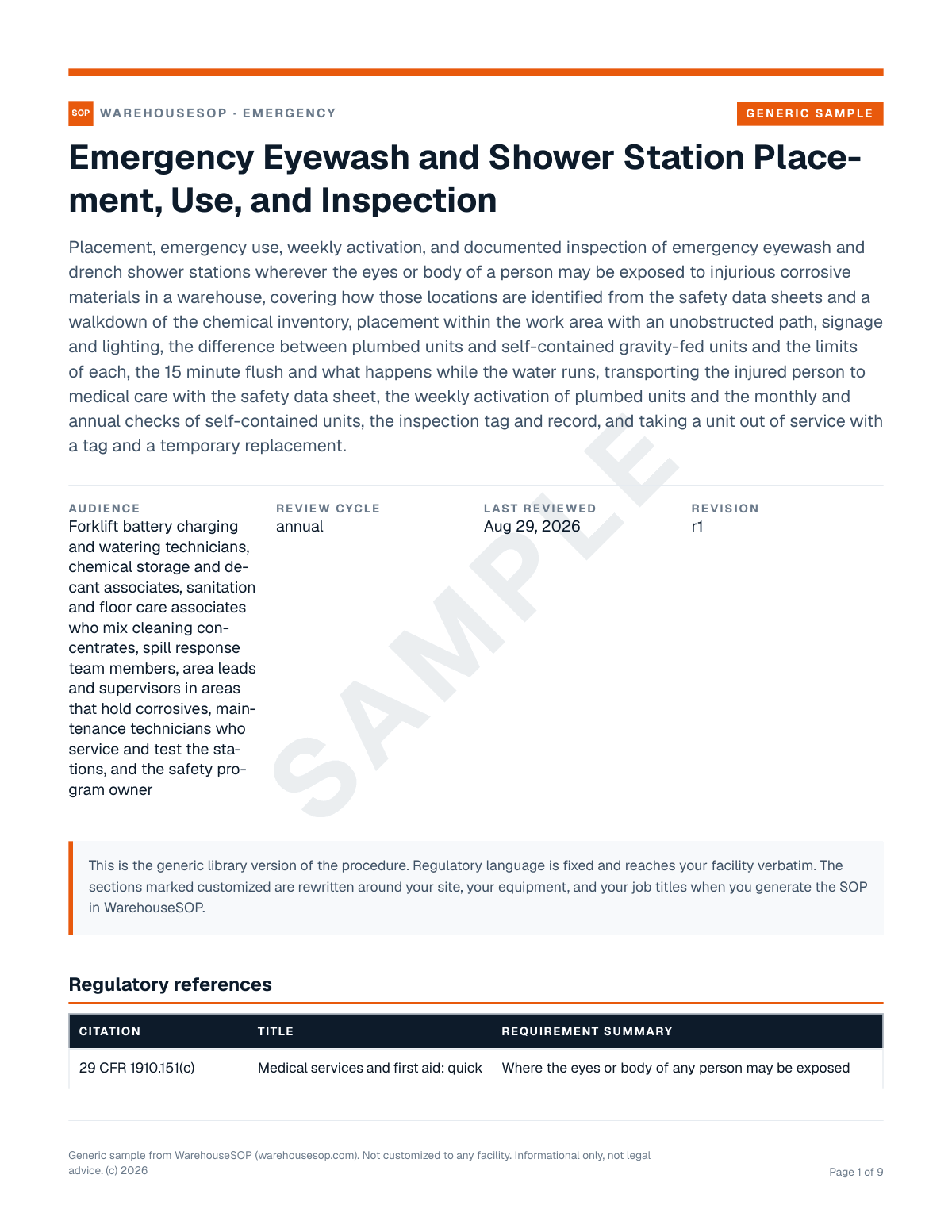 Emergency Eyewash and Shower Station Placement, Use, and Inspection SOP template, page 1 preview