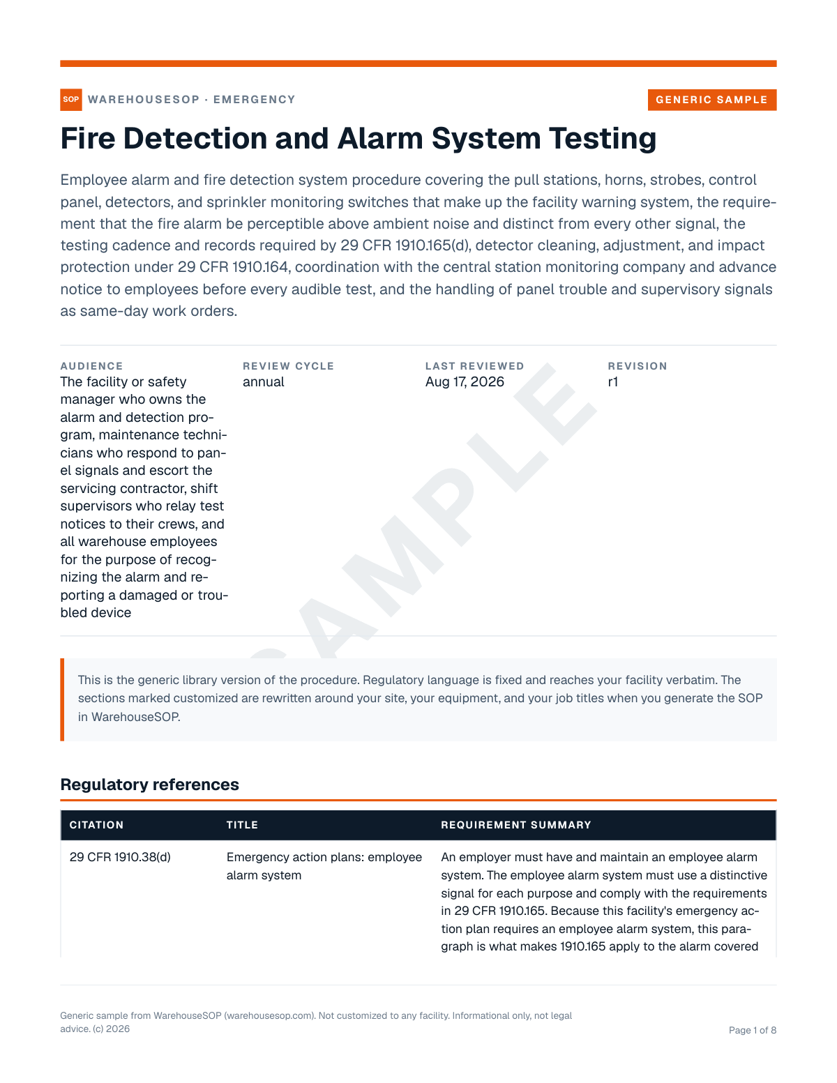 Fire Detection and Alarm System Testing SOP template, page 1 preview