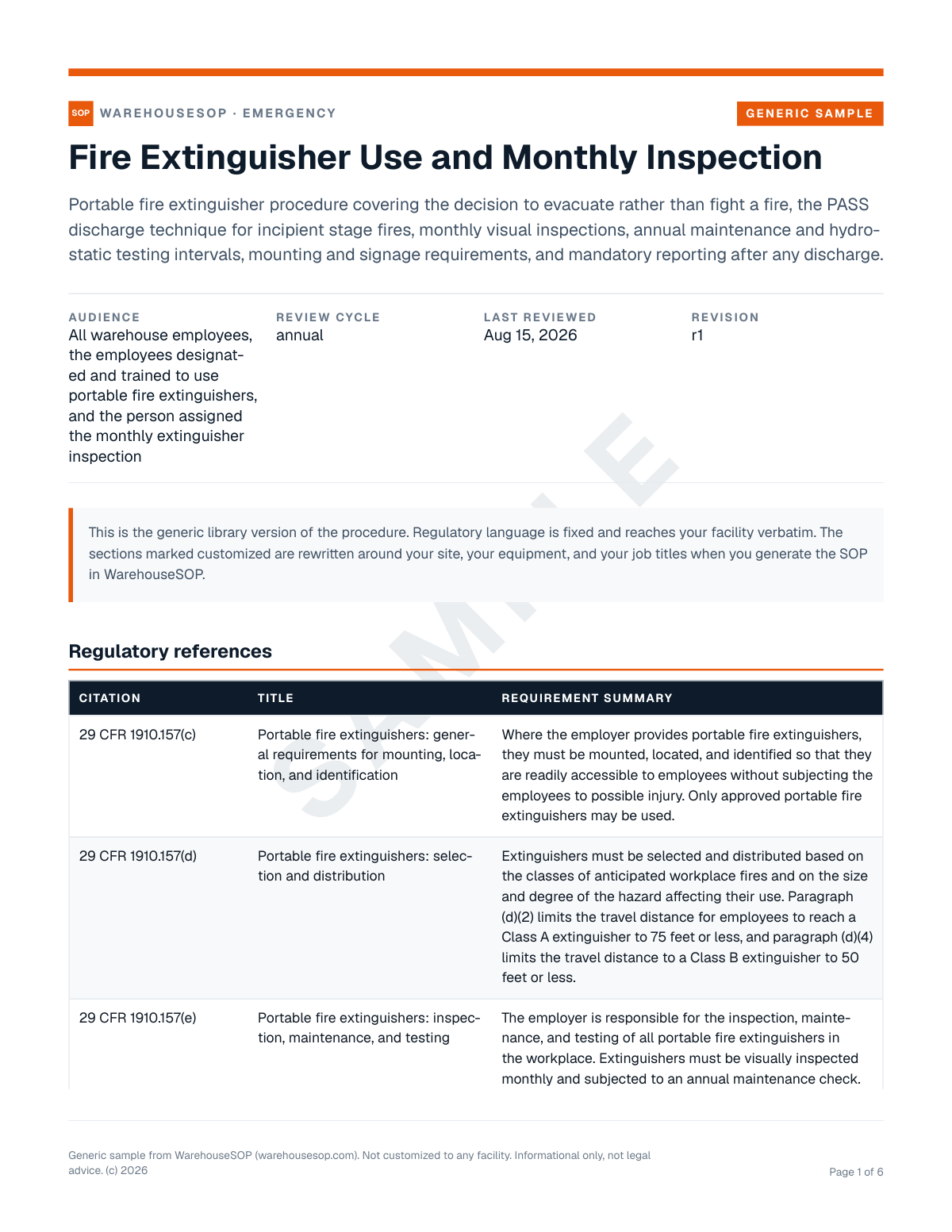Fire Extinguisher Use and Monthly Inspection SOP template, page 1 preview