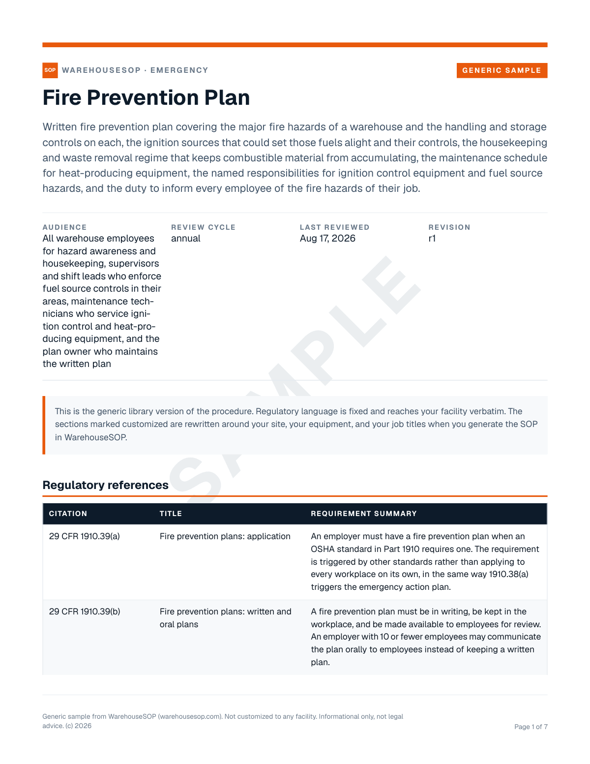 Fire Prevention Plan SOP template, page 1 preview
