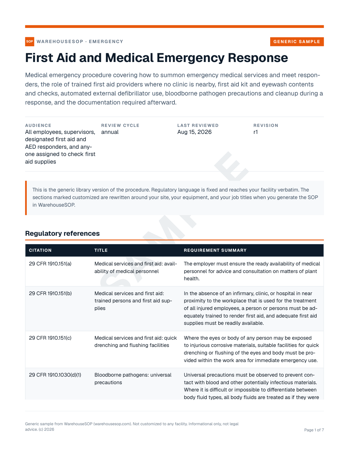 First Aid and Medical Emergency Response SOP template, page 1 preview