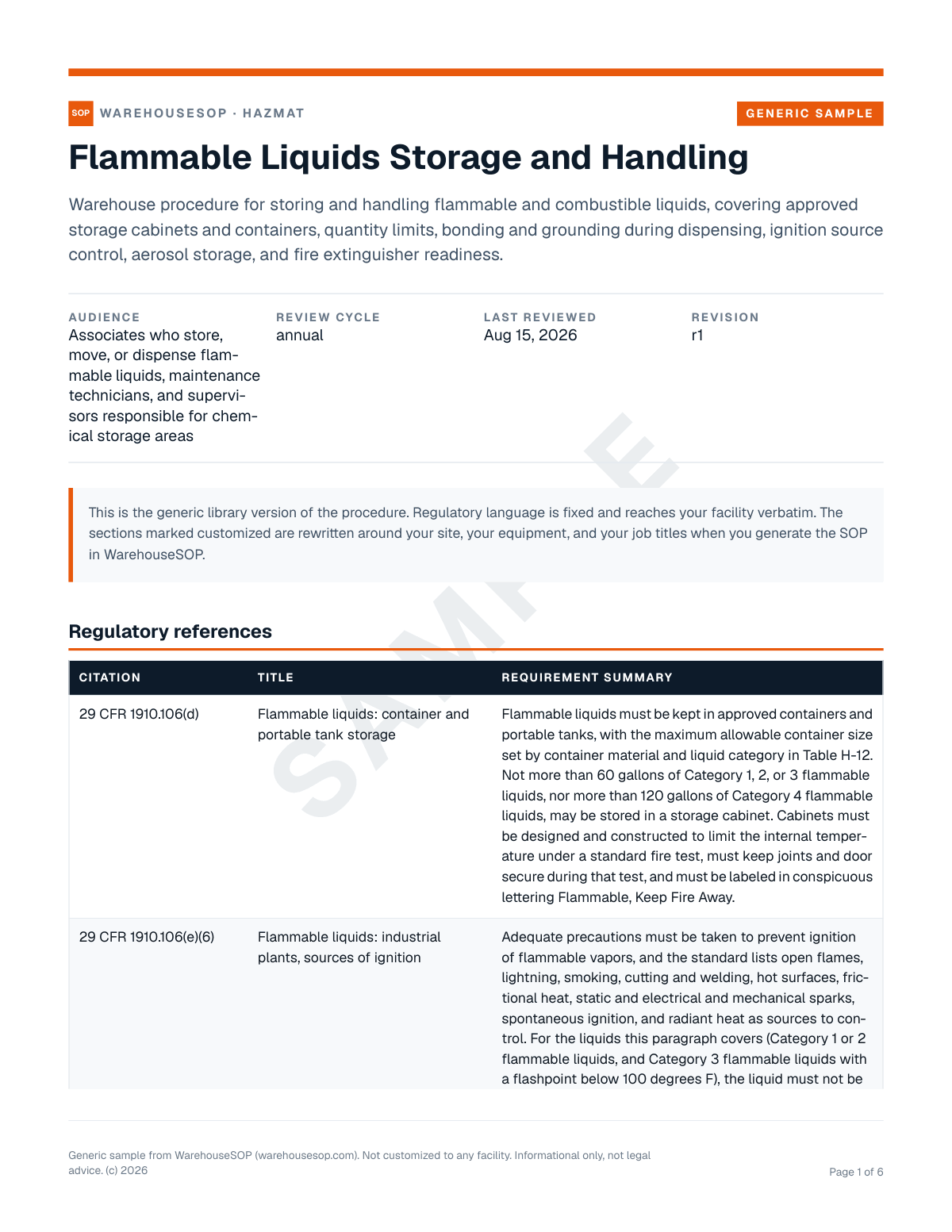 Flammable Liquids Storage and Handling SOP template, page 1 preview