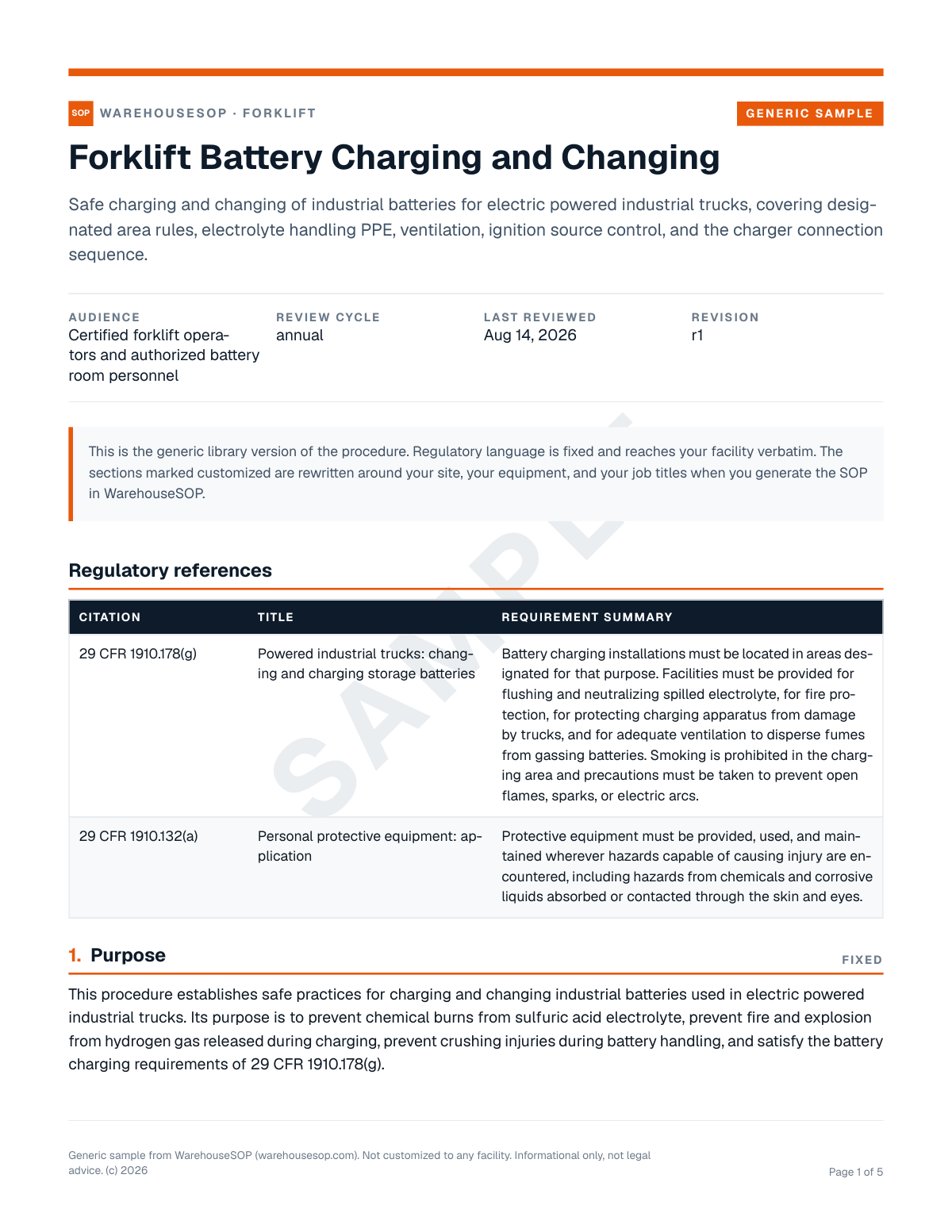 Forklift Battery Charging and Changing SOP template, page 1 preview