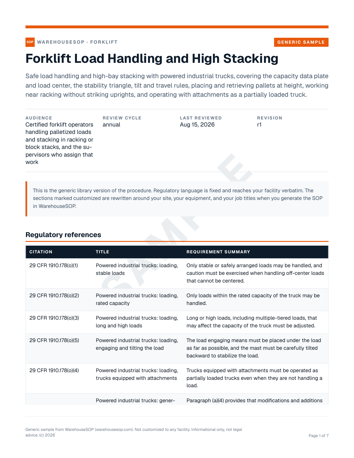 Forklift Load Handling and High Stacking SOP template, page 1 preview