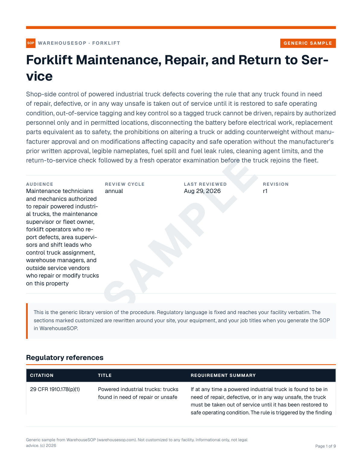 Forklift Maintenance, Repair, and Return to Service SOP template, page 1 preview
