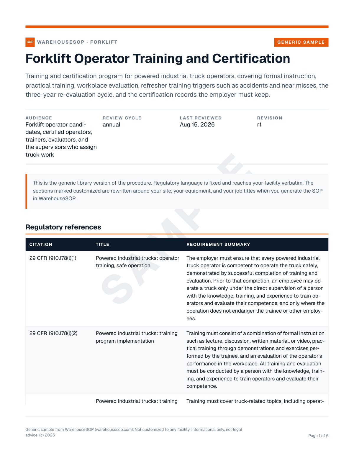 Forklift Operator Training and Certification SOP template, page 1 preview