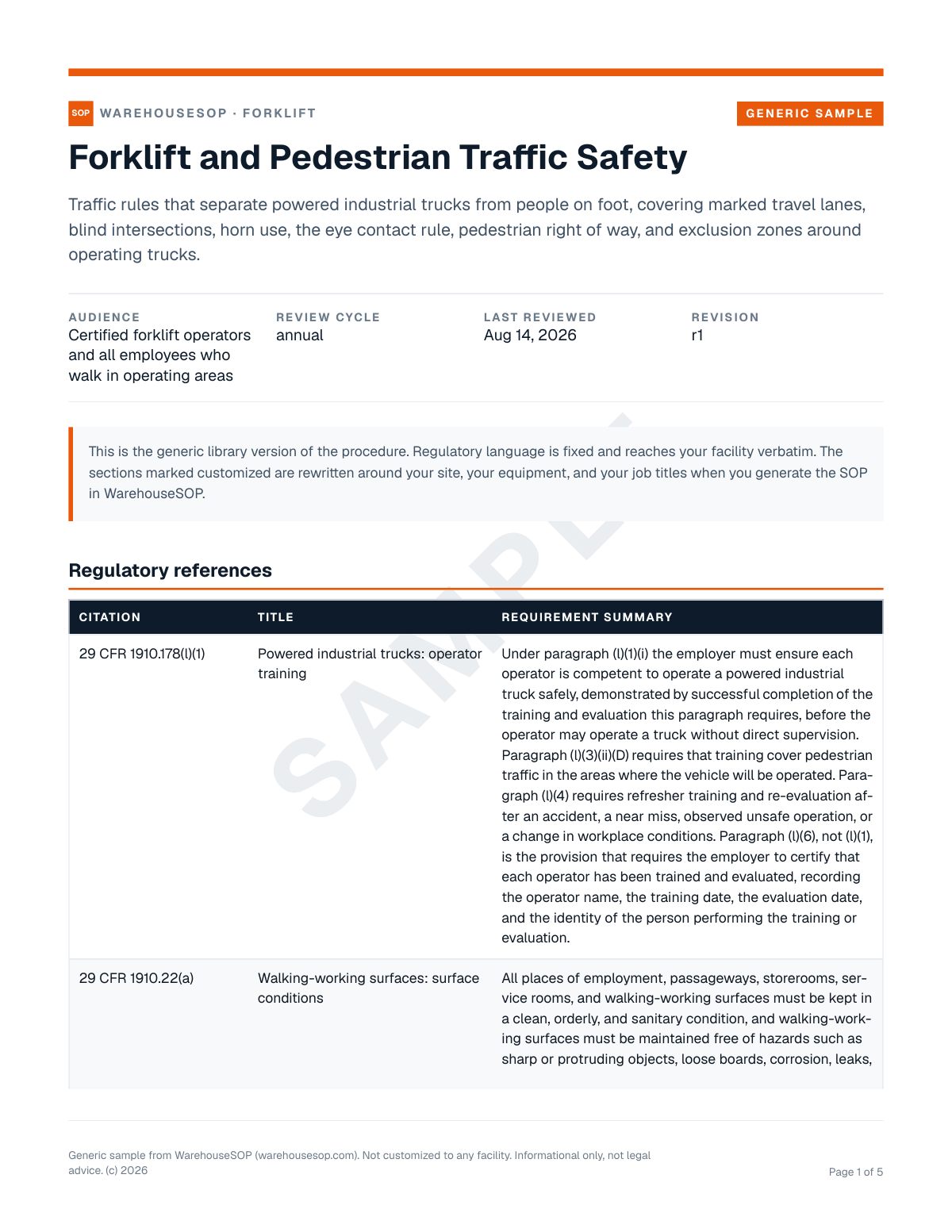 Forklift and Pedestrian Traffic Safety SOP template, page 1 preview