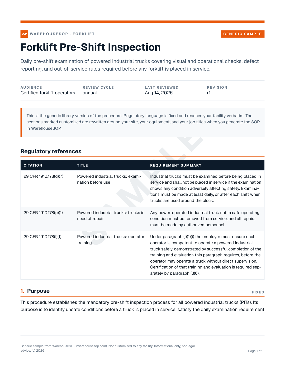 Forklift Pre-Shift Inspection SOP template, page 1 preview