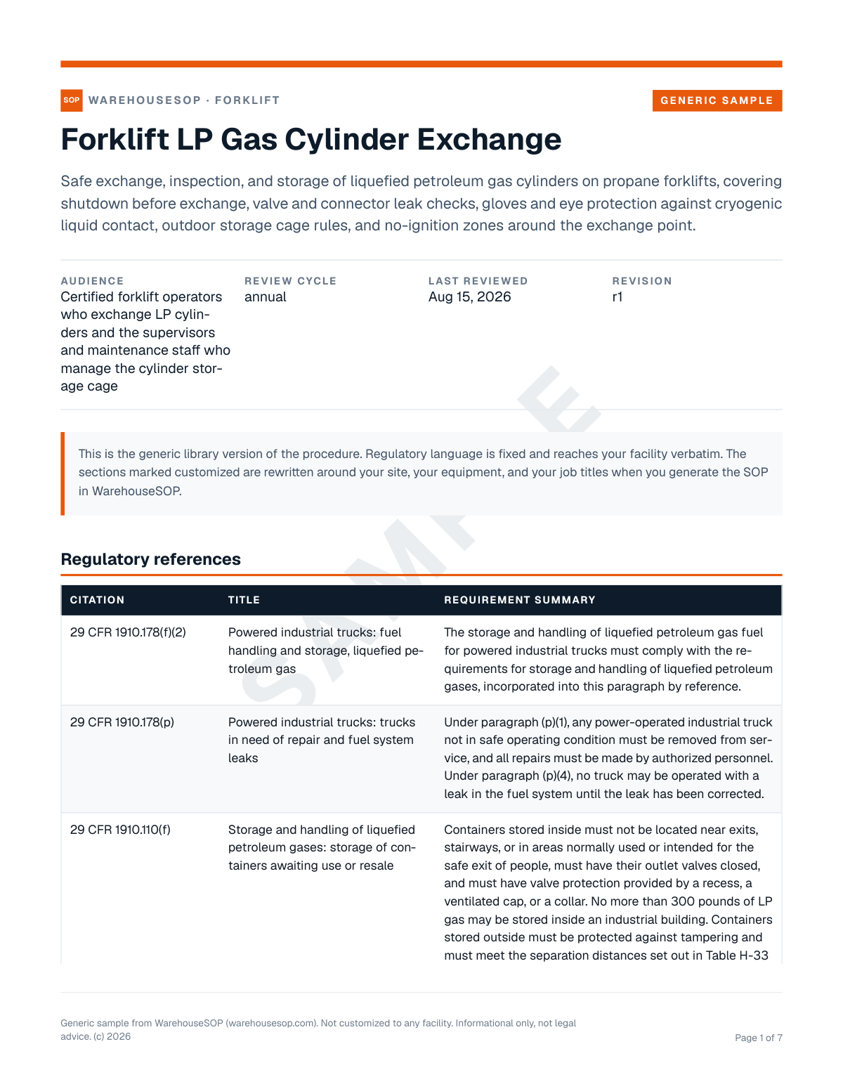Forklift LP Gas Cylinder Exchange SOP template, page 1 preview