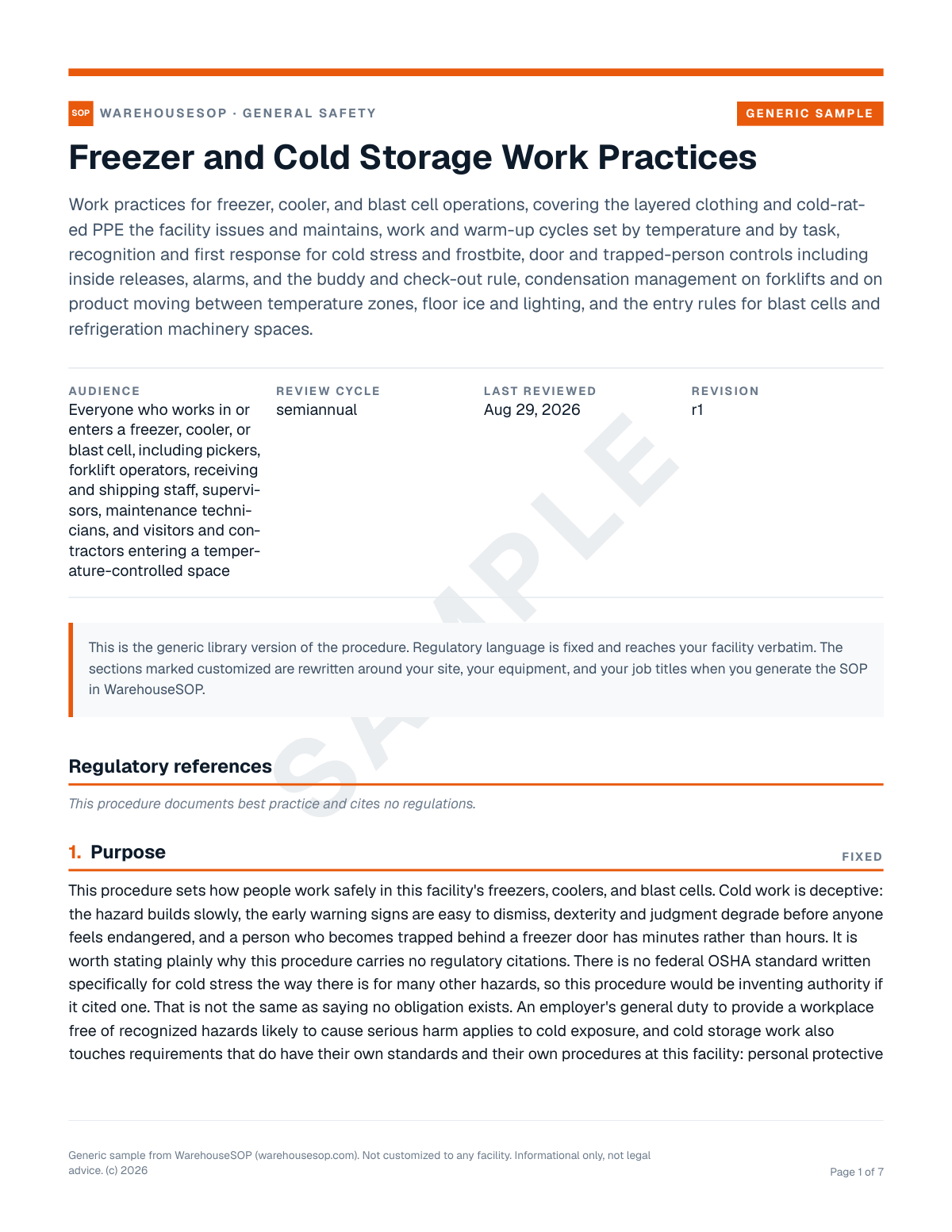 Freezer and Cold Storage Work Practices SOP template, page 1 preview
