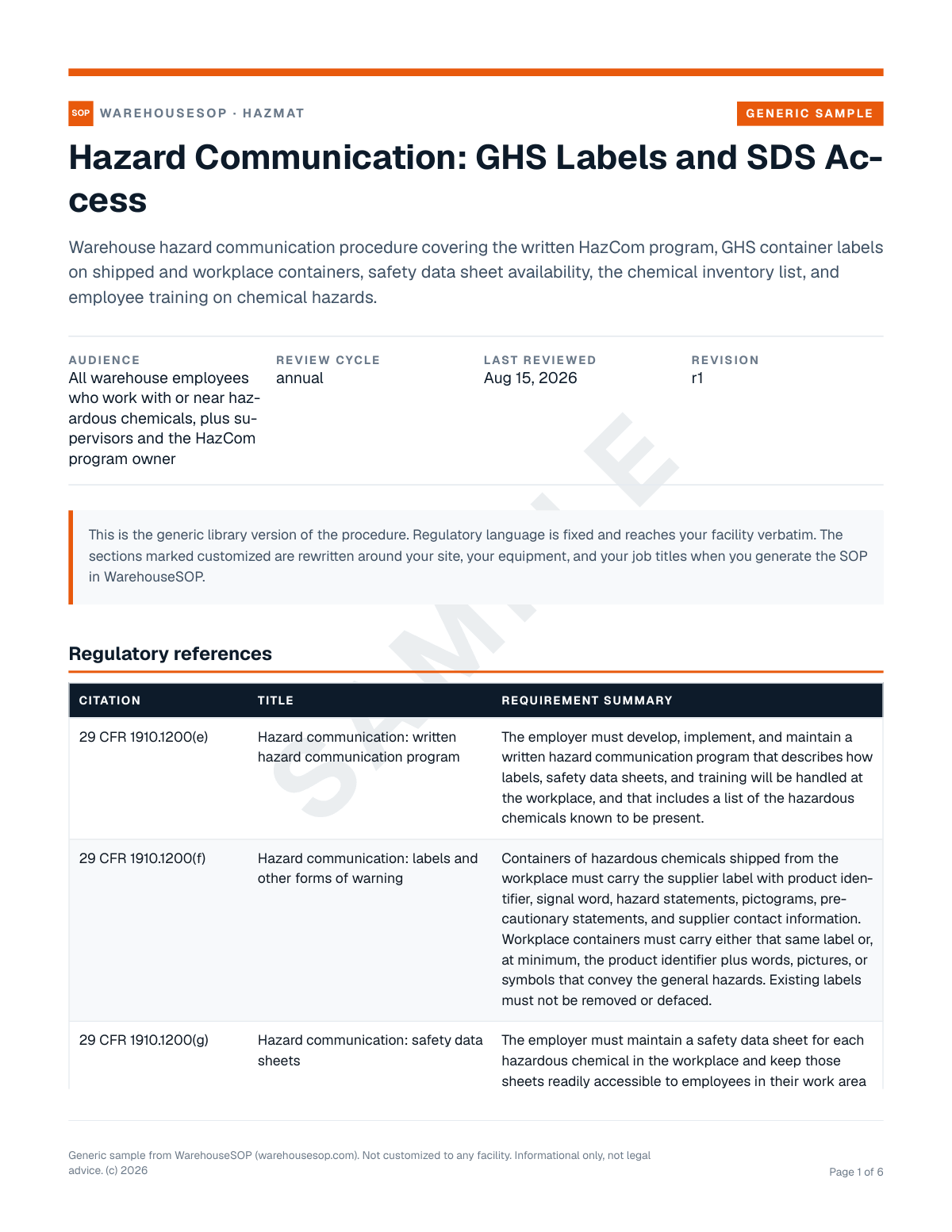 Hazard Communication: GHS Labels and SDS Access SOP template, page 1 preview