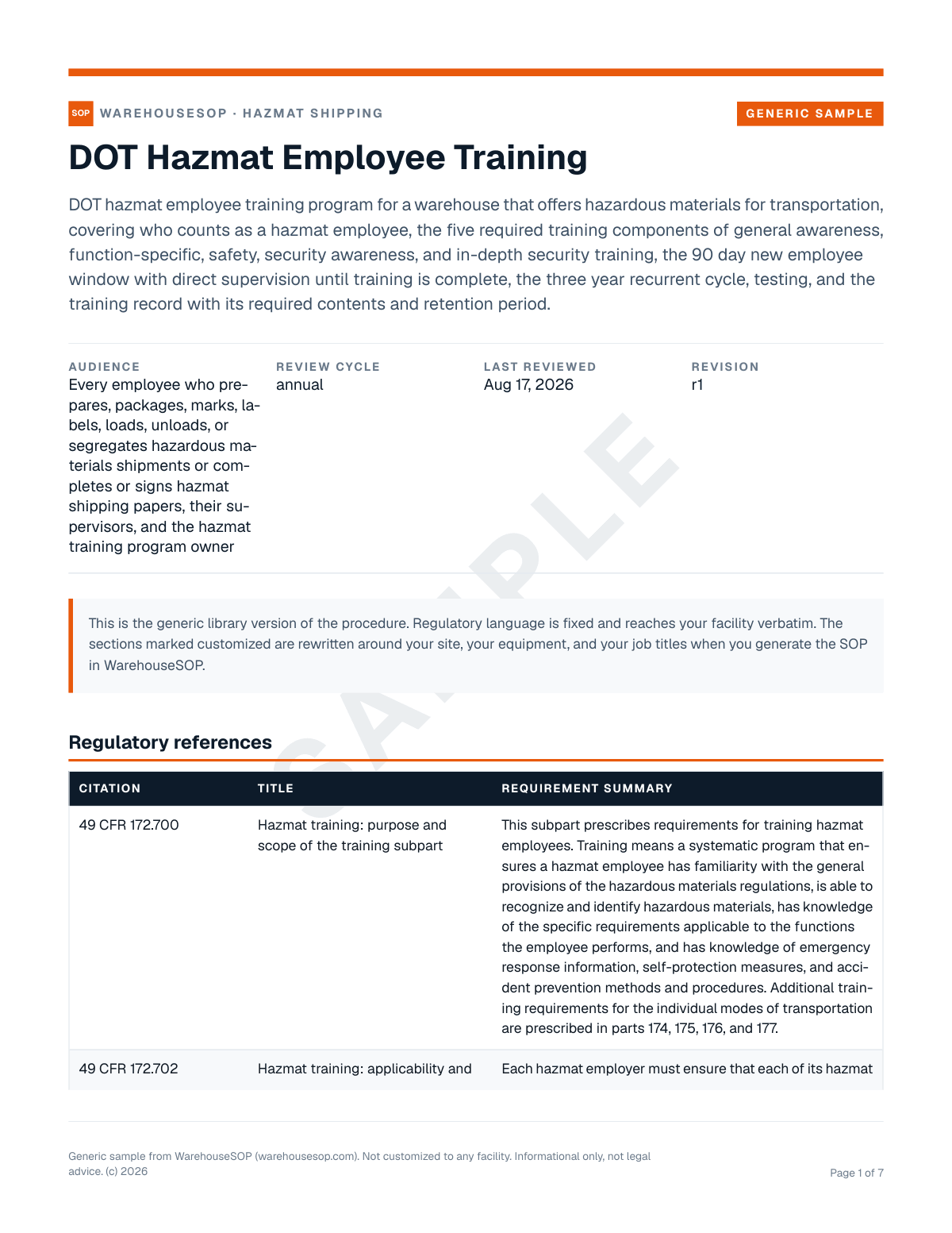 DOT Hazmat Employee Training SOP template, page 1 preview