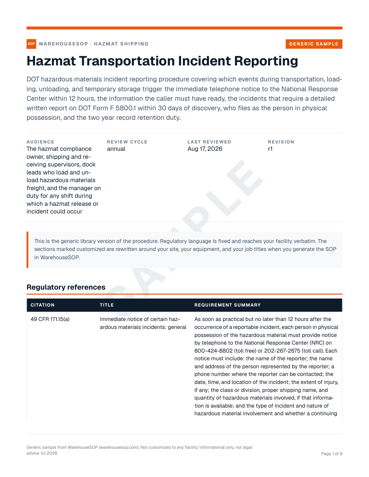 Hazmat Transportation Incident Reporting SOP template, page 1 preview