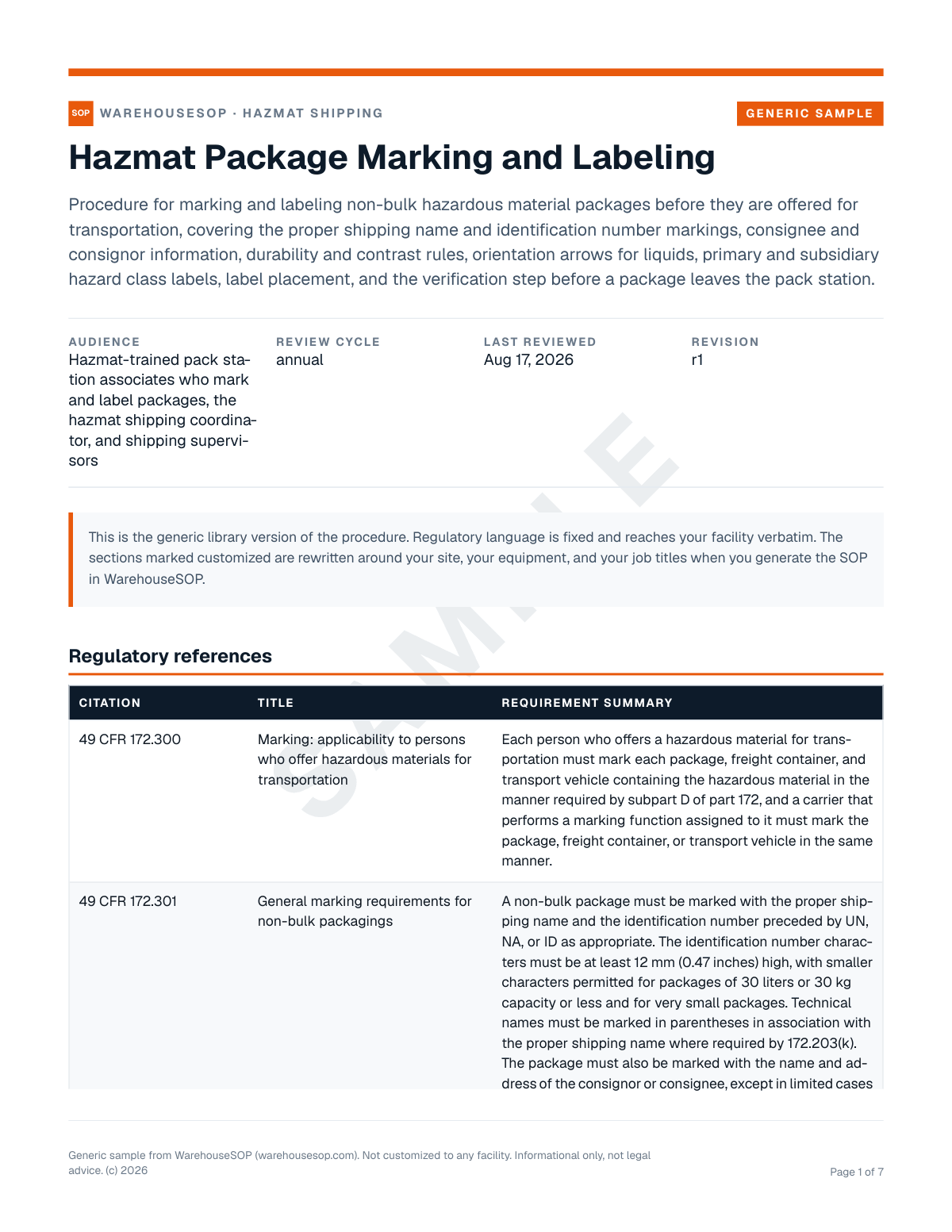 Hazmat Package Marking and Labeling SOP template, page 1 preview