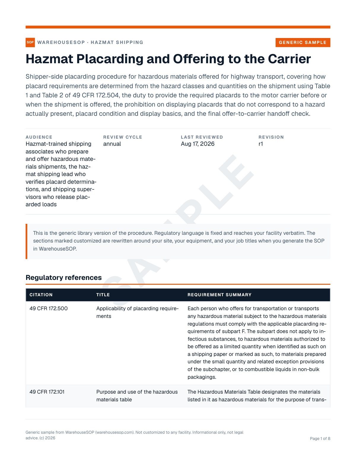 Hazmat Placarding and Offering to the Carrier SOP template, page 1 preview