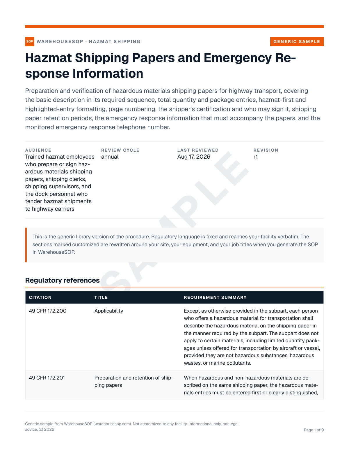 Hazmat Shipping Papers and Emergency Response Information SOP template, page 1 preview