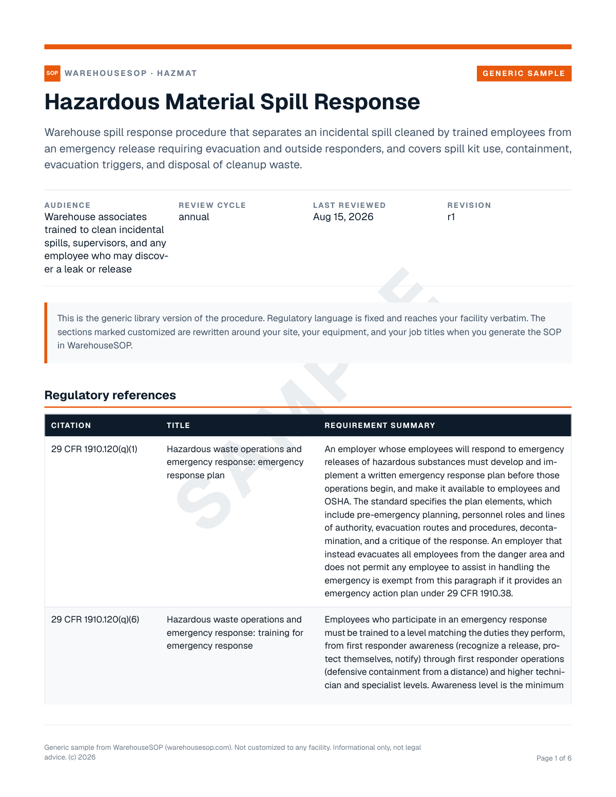 Hazardous Material Spill Response SOP template, page 1 preview