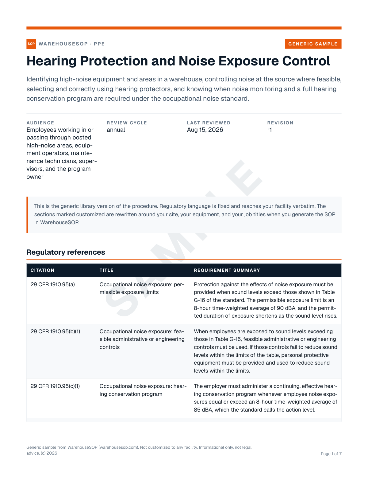 Hearing Protection and Noise Exposure Control SOP template, page 1 preview