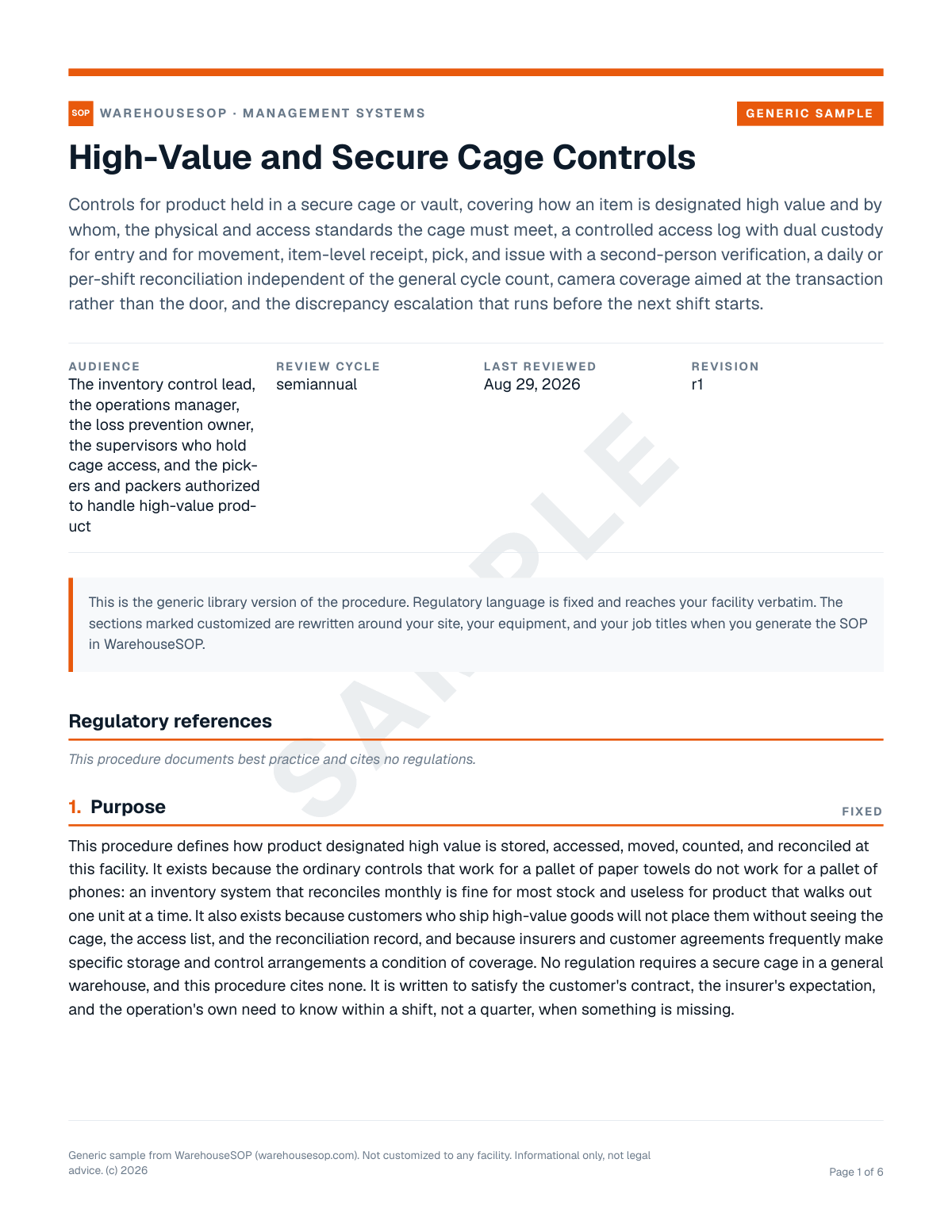 High-Value and Secure Cage Controls SOP template, page 1 preview