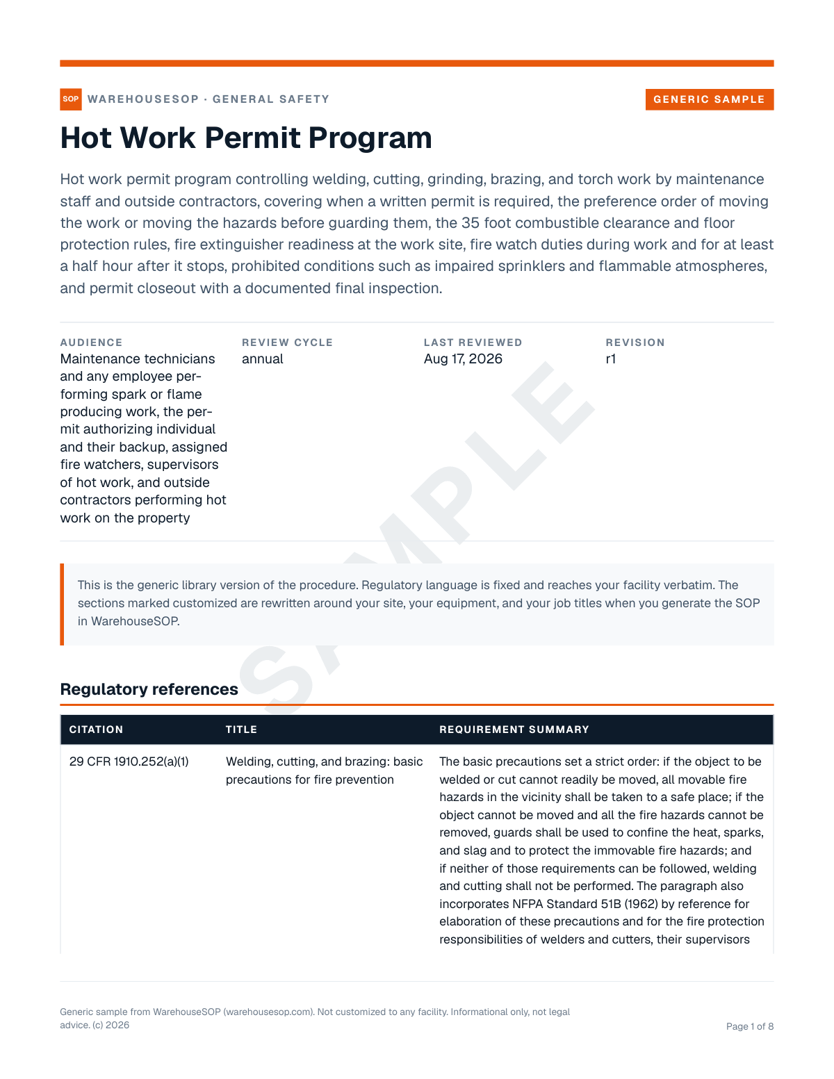 Hot Work Permit Program SOP template, page 1 preview