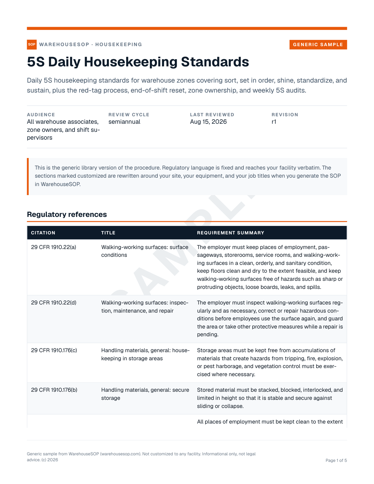 5S Daily Housekeeping Standards SOP template, page 1 preview
