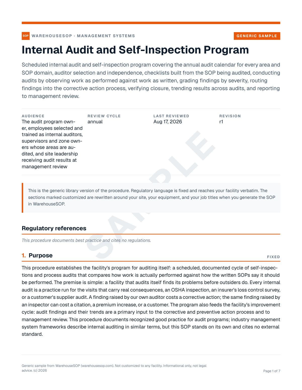 Internal Audit and Self-Inspection Program SOP template, page 1 preview