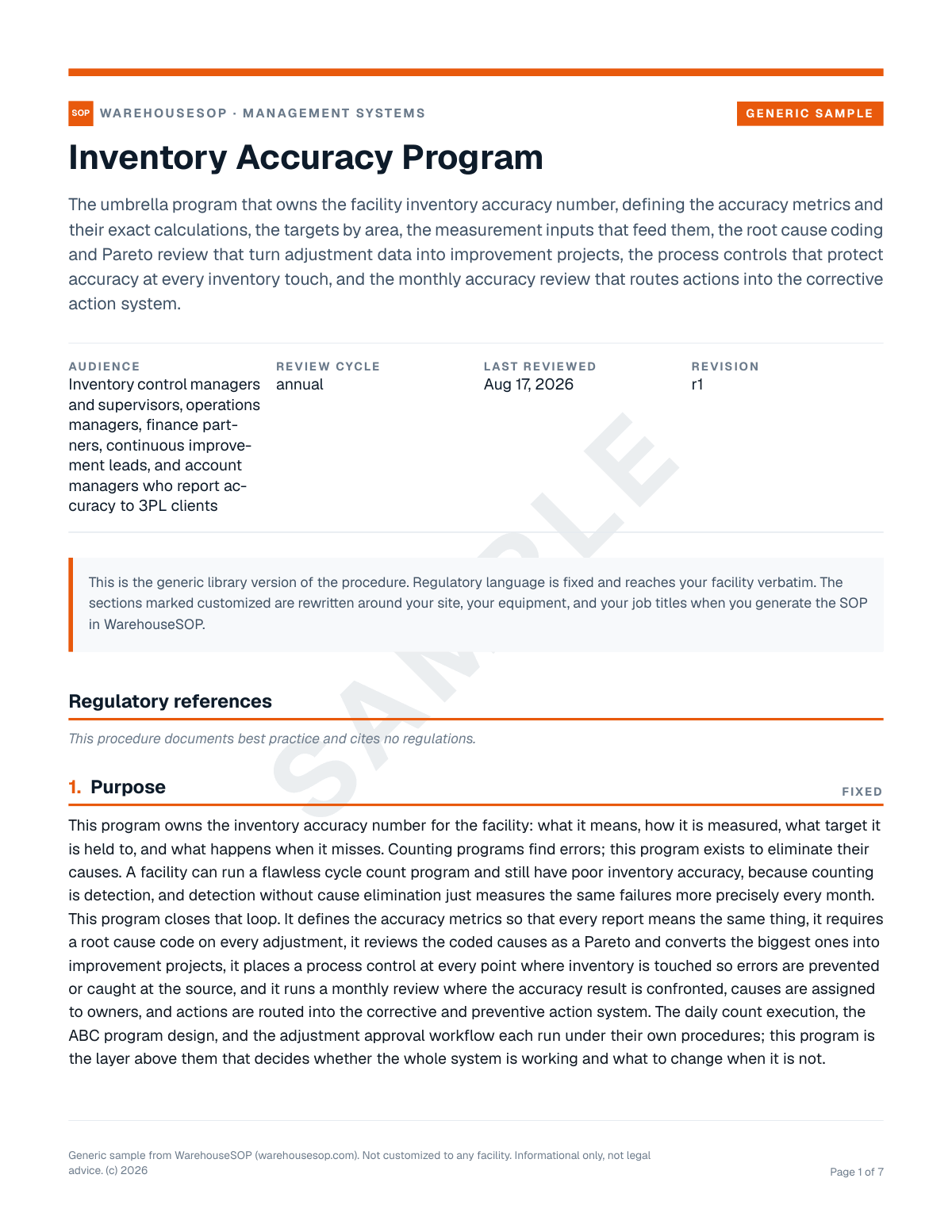 Inventory Accuracy Program SOP template, page 1 preview