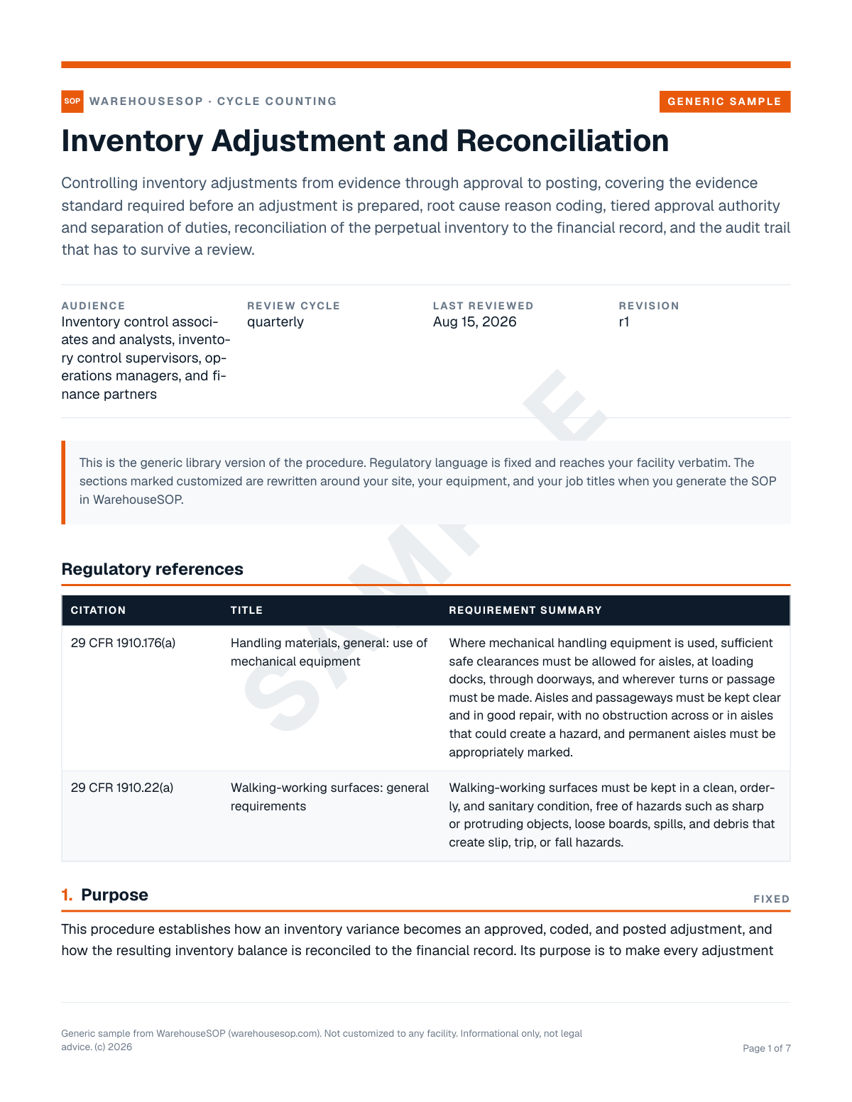Inventory Adjustment and Reconciliation SOP template, page 1 preview